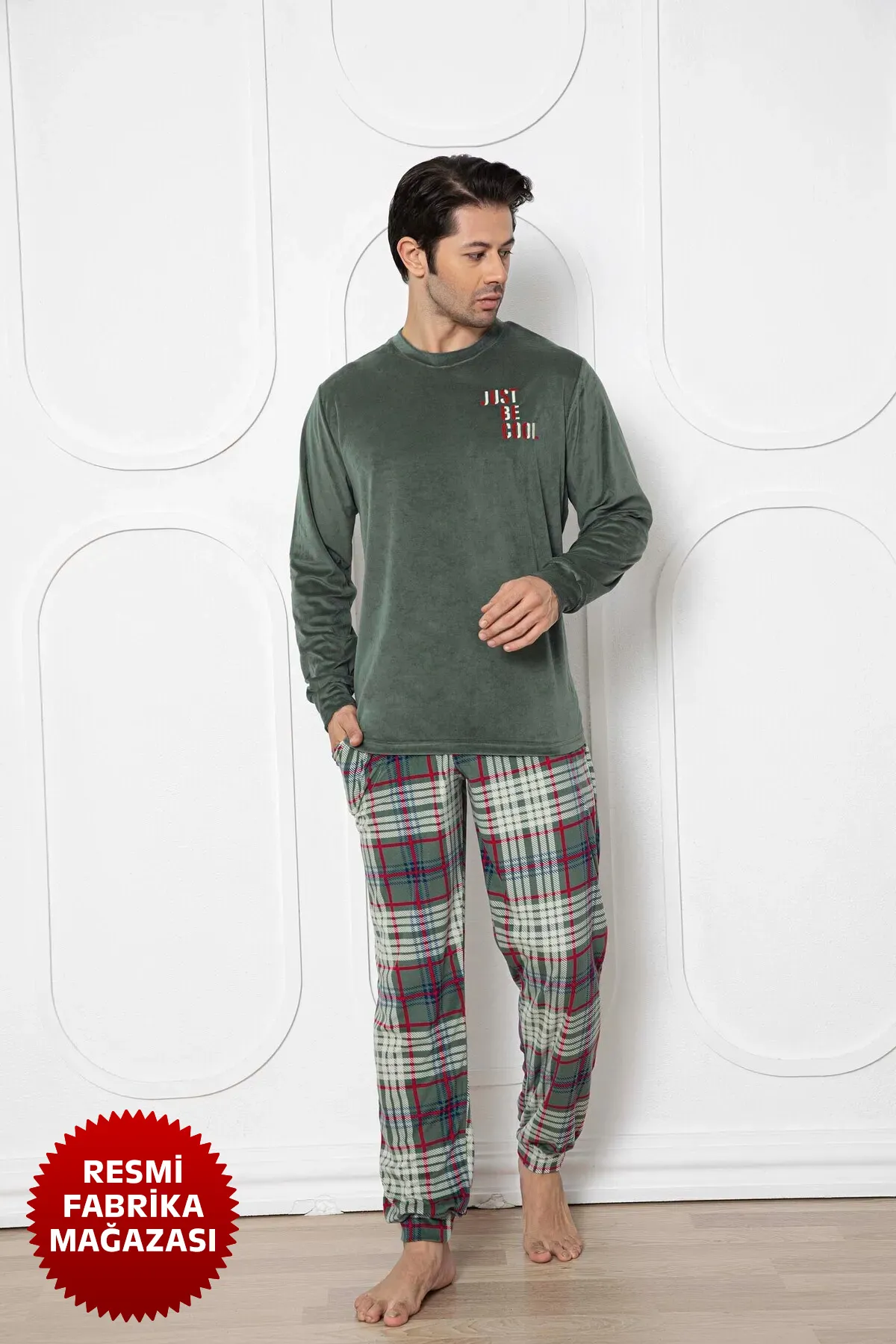 Aydoğan Yeşil Erkek Kadife Kışlık Pijama Takımı Bisiklet Yaka Uzun Kol