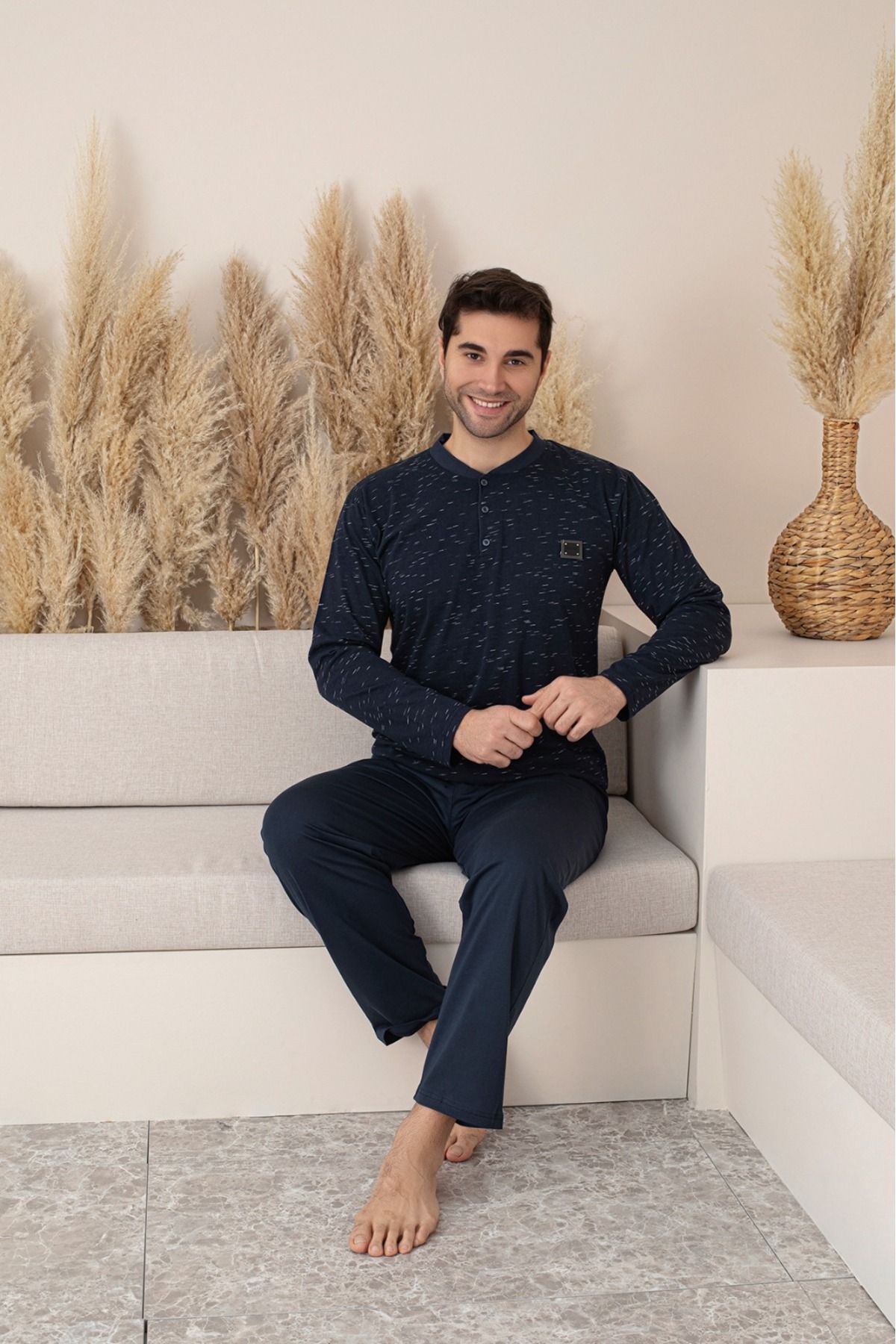 Erkek 4 Mevsim Erkek Pijama Takımı Düğmeli Yaka