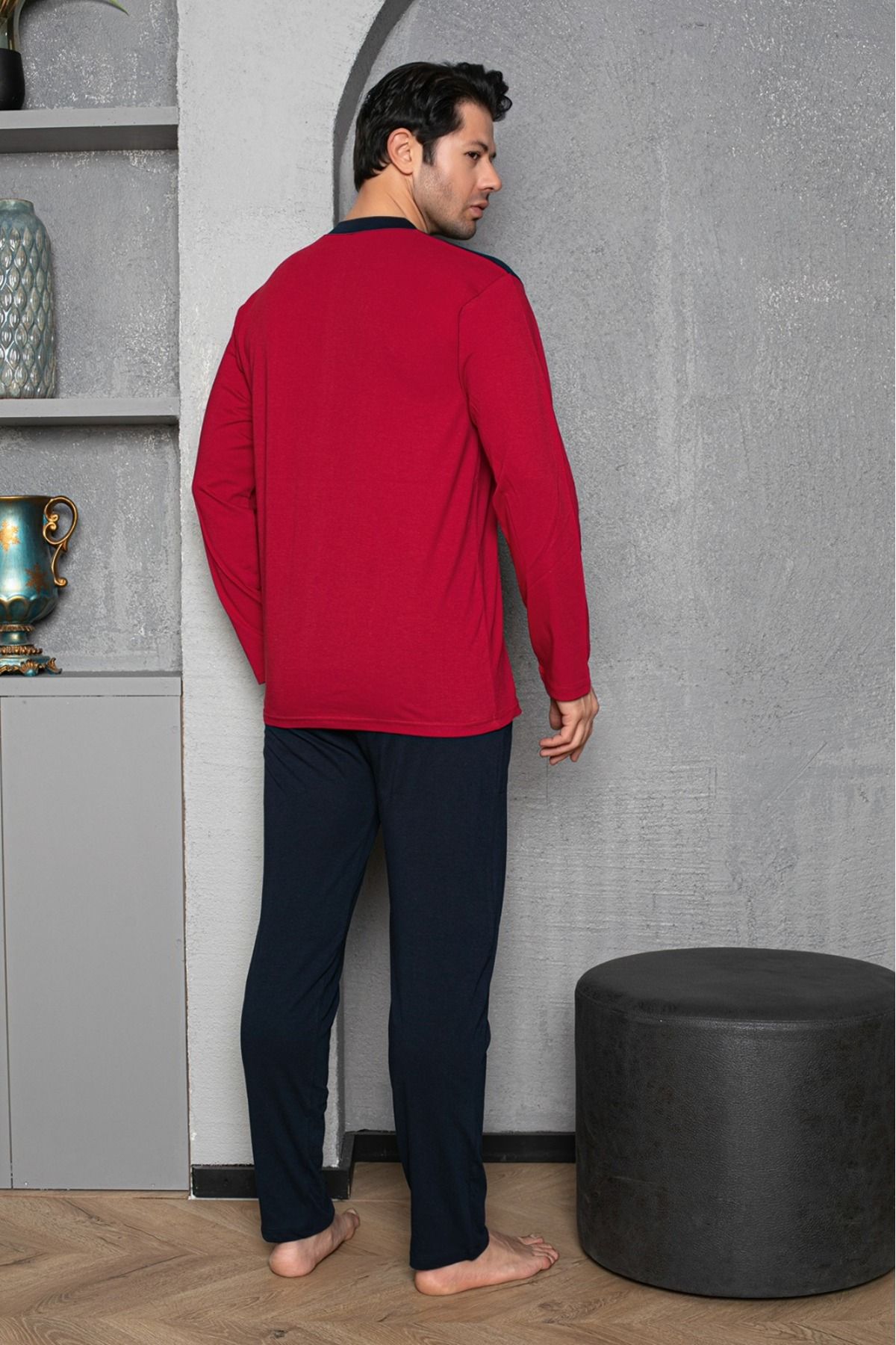 Erkek 4 Mevsim Erkek Pijama Takımı Düğmeli Yaka