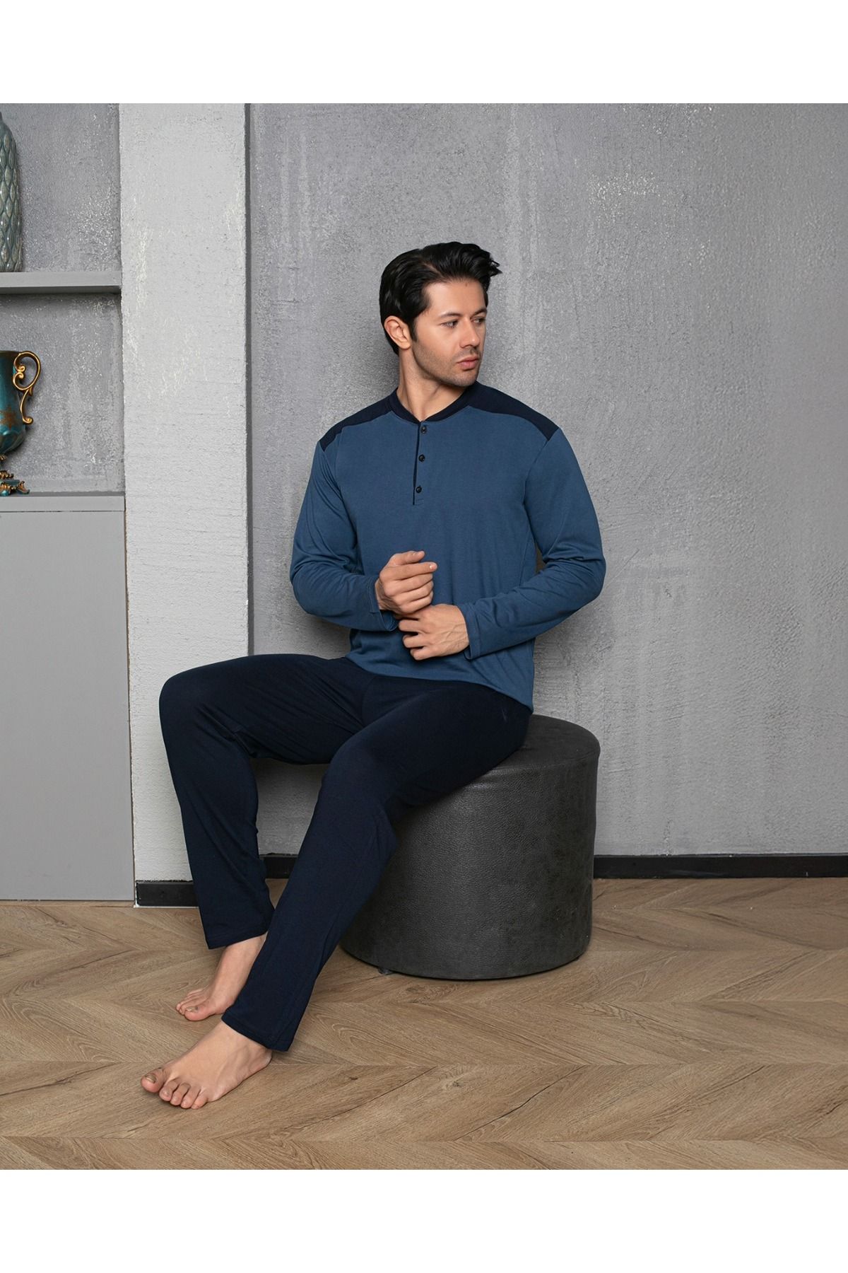 Erkek 4 Mevsim Erkek Pijama Takımı Düğmeli Yaka