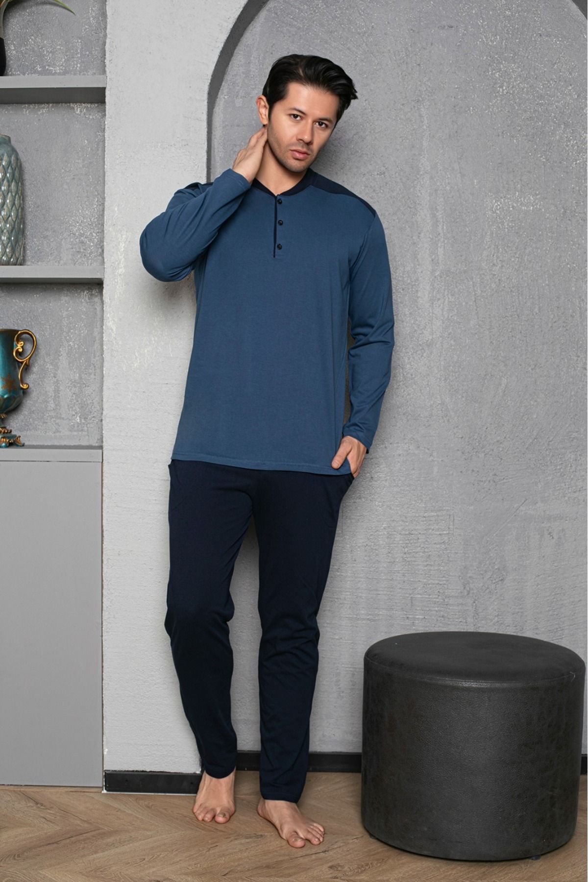 Erkek 4 Mevsim Erkek Pijama Takımı Düğmeli Yaka