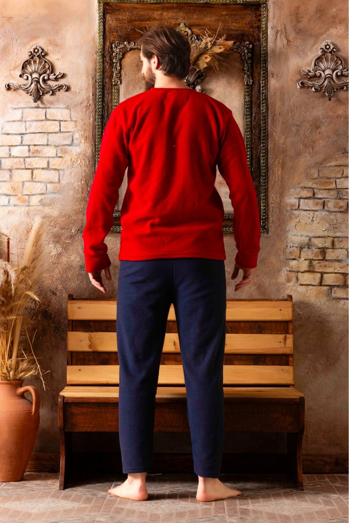 Erkek Bordo Lacivert kombin Uzun Kollu Polar Peluş Kışlık Sıcak Tutan Pijama Takımı
