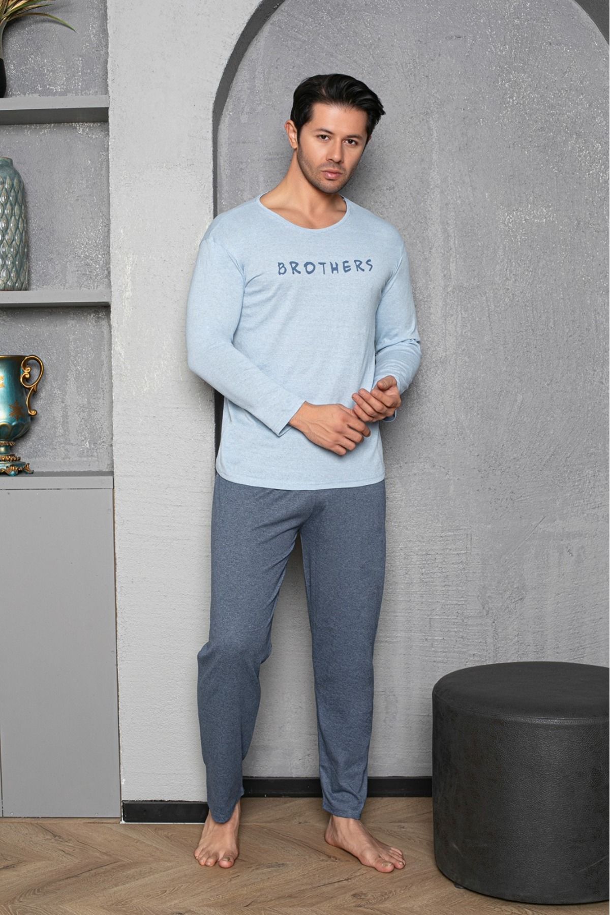 Erkek Coton Pamuk Uzun Kol Pijama Takımı Mevsimlik Ürün AÇIK MAVİ-XL