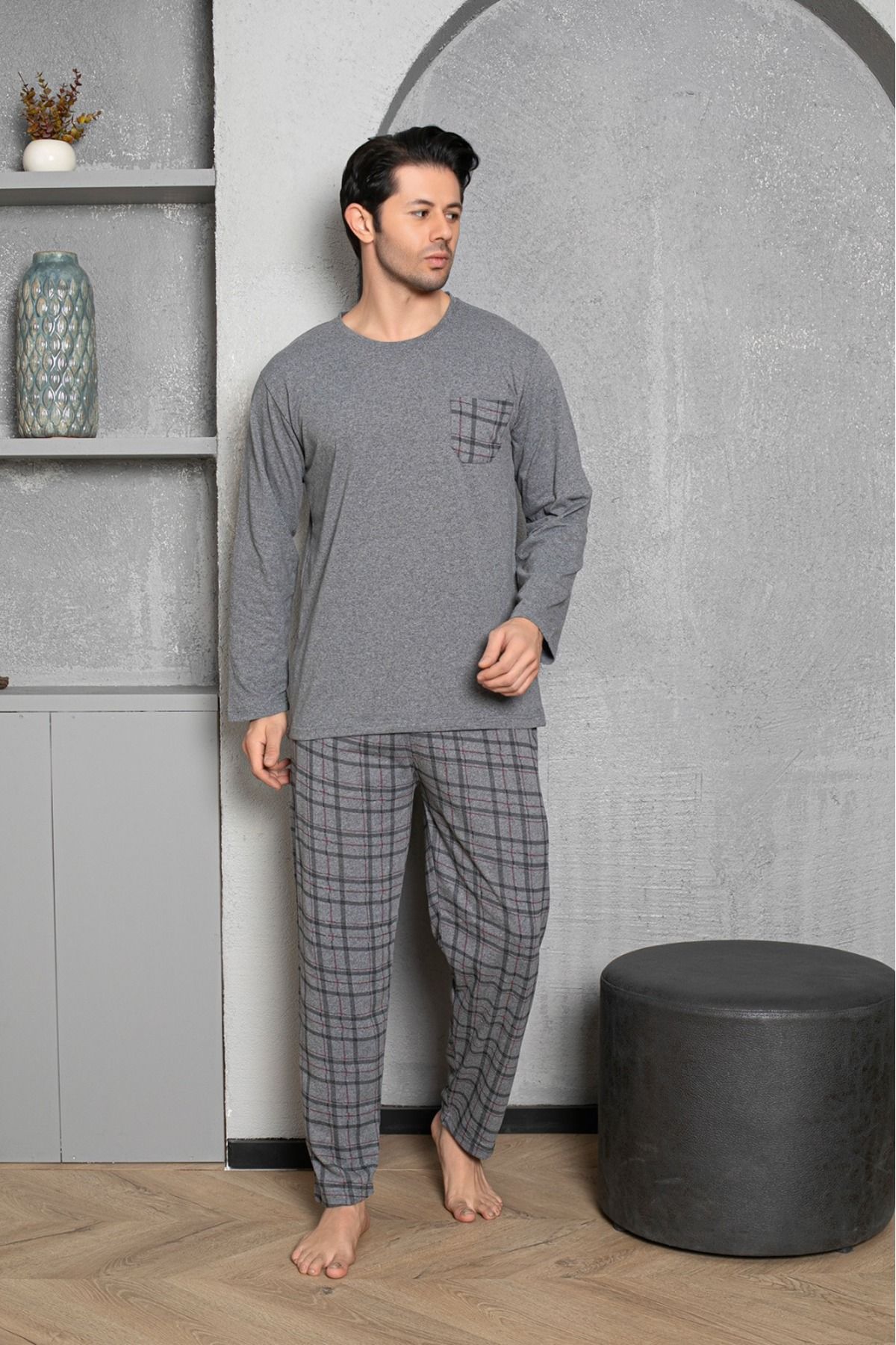 Erkek Coton Pamuk Uzun Kol Pijama Takımı Mevsimlik Ürün GRİ EKOSE-2XL