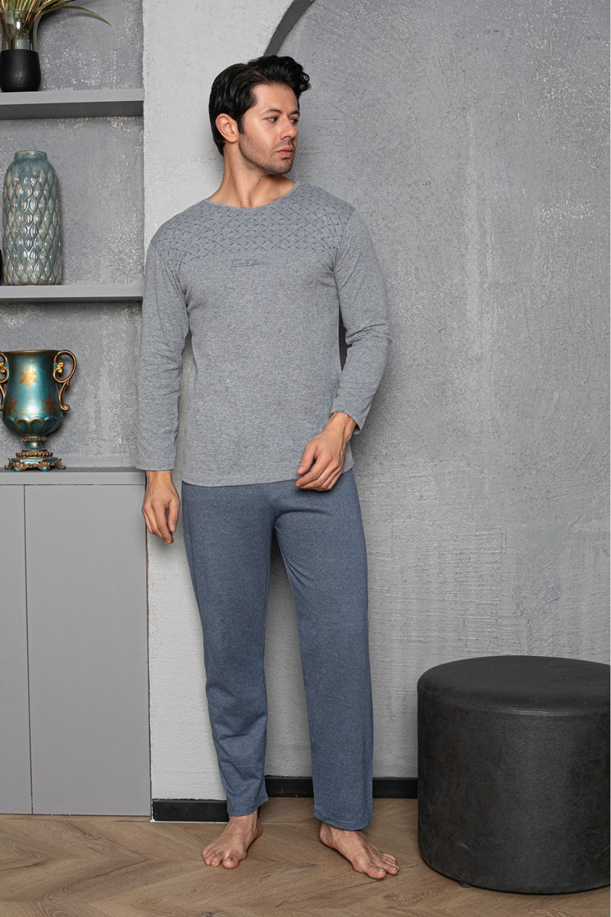 Erkek Coton Pamuk Uzun Kol Pijama Takımı Mevsimlik Ürün