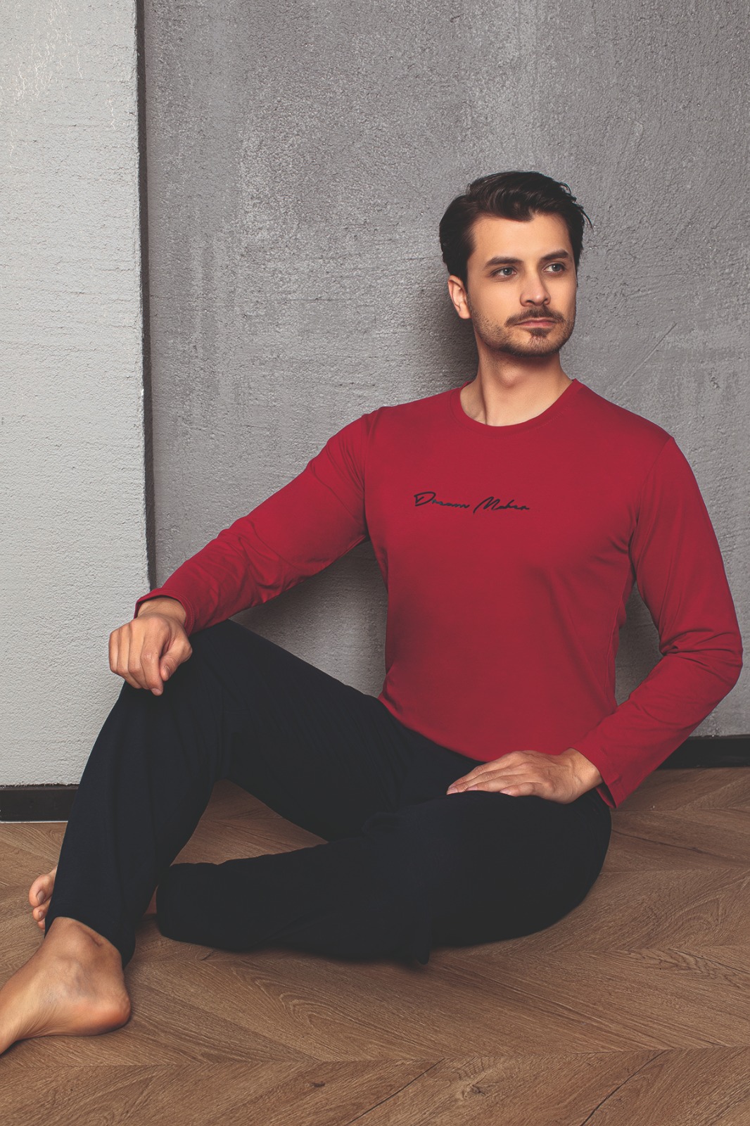Erkek Cotton Bisiklet Yaka Önü Baskılı Pijama Takımı KIRMIZI-XL