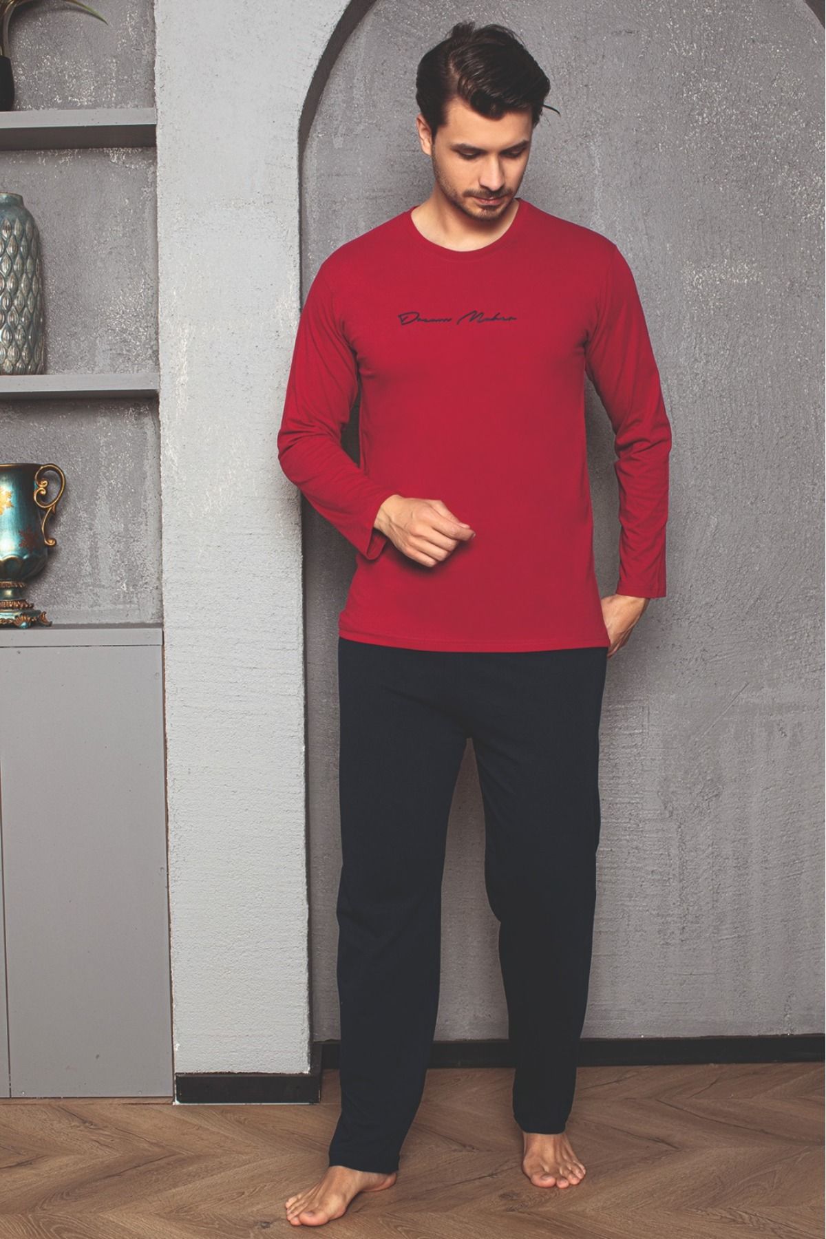 Erkek Cotton Bisiklet Yaka Önü Baskılı Pijama Takımı