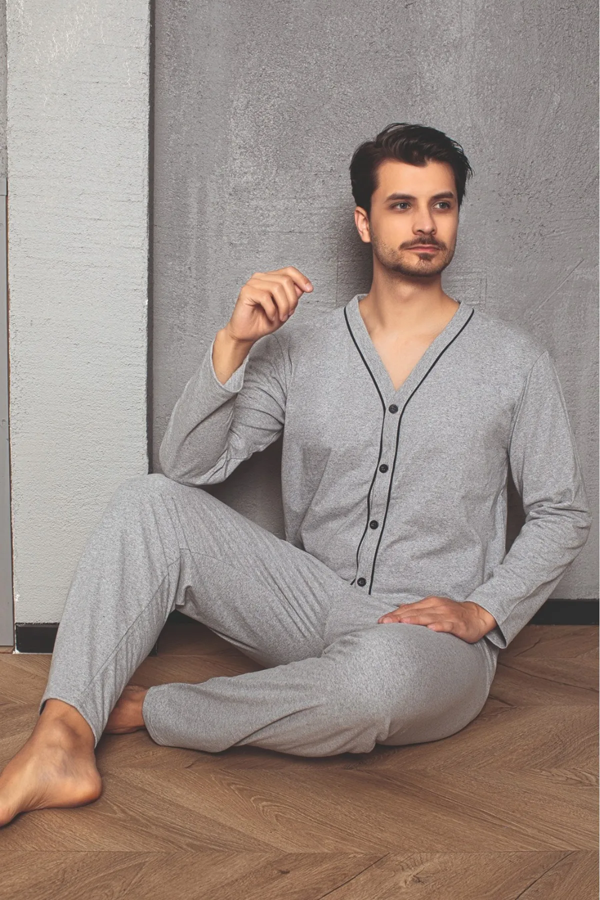Erkek Gri Melanj Uzun Kollu Önden Düğmeli Süprem Kumaş Örme Pijama Takımı GRİ MELAJ-XL