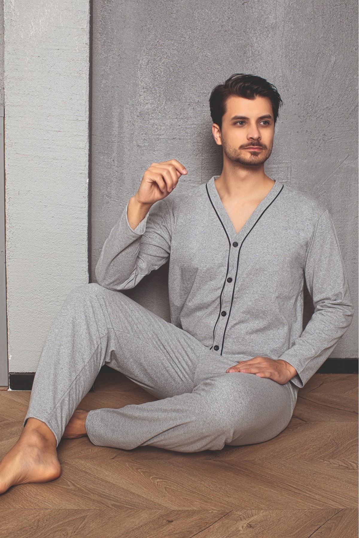 Erkek Gri Melanj Uzun Kollu Önden Düğmeli Süprem Kumaş Örme Pijama Takımı