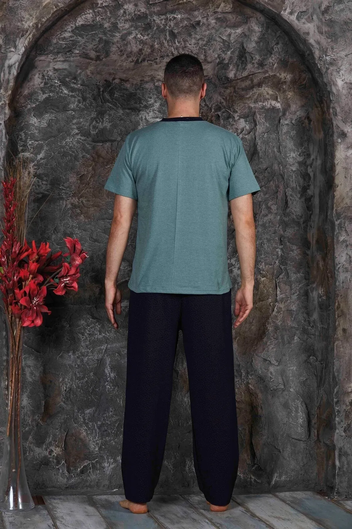 Erkek Parçalı Kısa Kollu Altı Uzun Penye Örme Kumaş Yazlık Pijama Takımı Yeşil-L