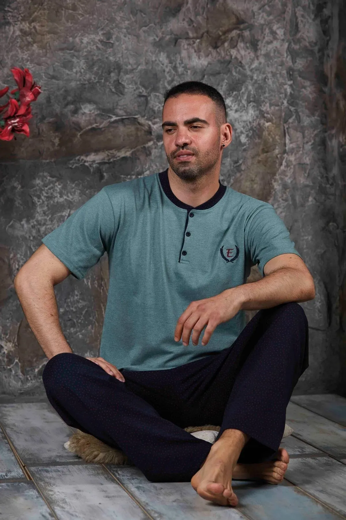 Erkek Parçalı Kısa Kollu Altı Uzun Penye Örme Kumaş Yazlık Pijama Takımı Yeşil-L
