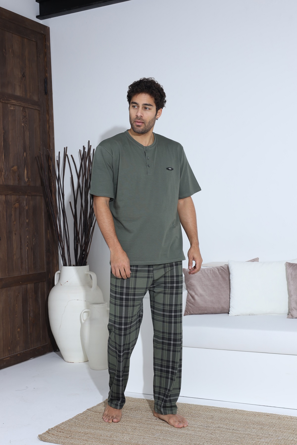 Erkek Penye Süprem Kısa Kol Yazlık Erkek Pijama Takımı HAKİ-L
