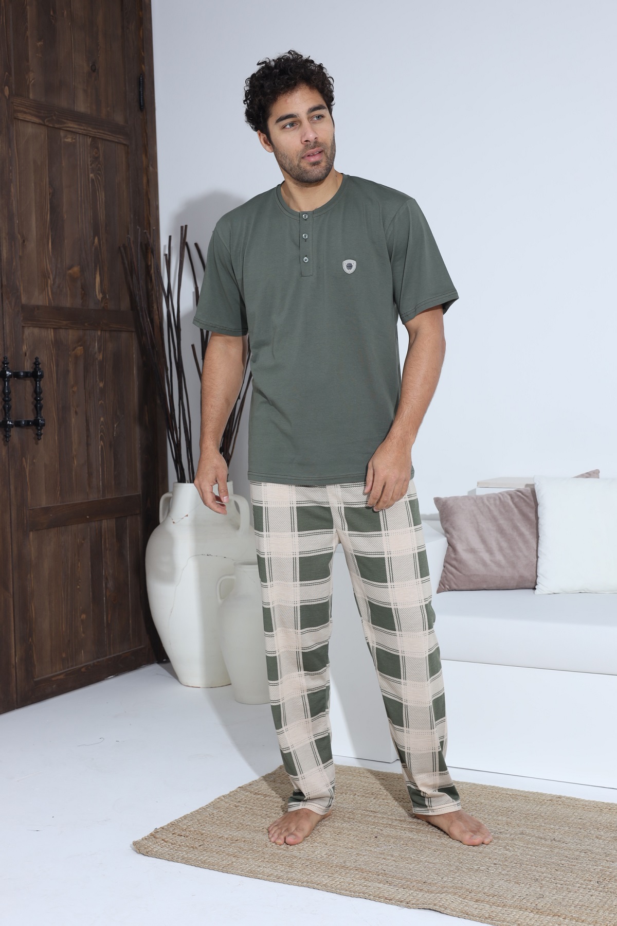 Erkek Penye Süprem Kısa Kol Yazlık Erkek Pijama Takımı HAKİ-M