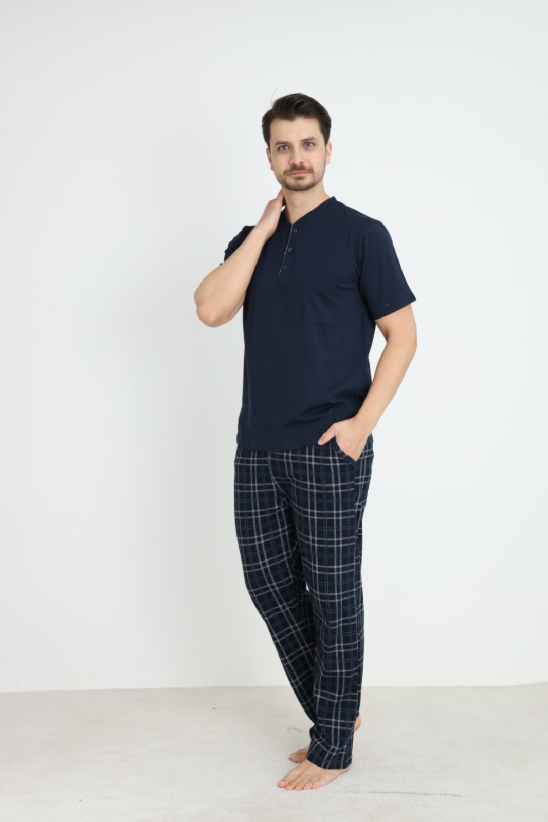 Erkek Sıfır Yaka Düğmeli Kısa Kol Cepli Yazlık Pijama Takımı %100 Pamuk GRİ-XL
