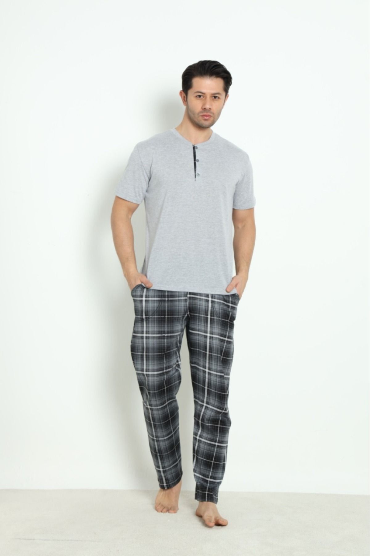 Erkek Sıfır Yaka Düğmeli Kısa Kol Cepli Yazlık Pijama Takımı %100 Pamuk