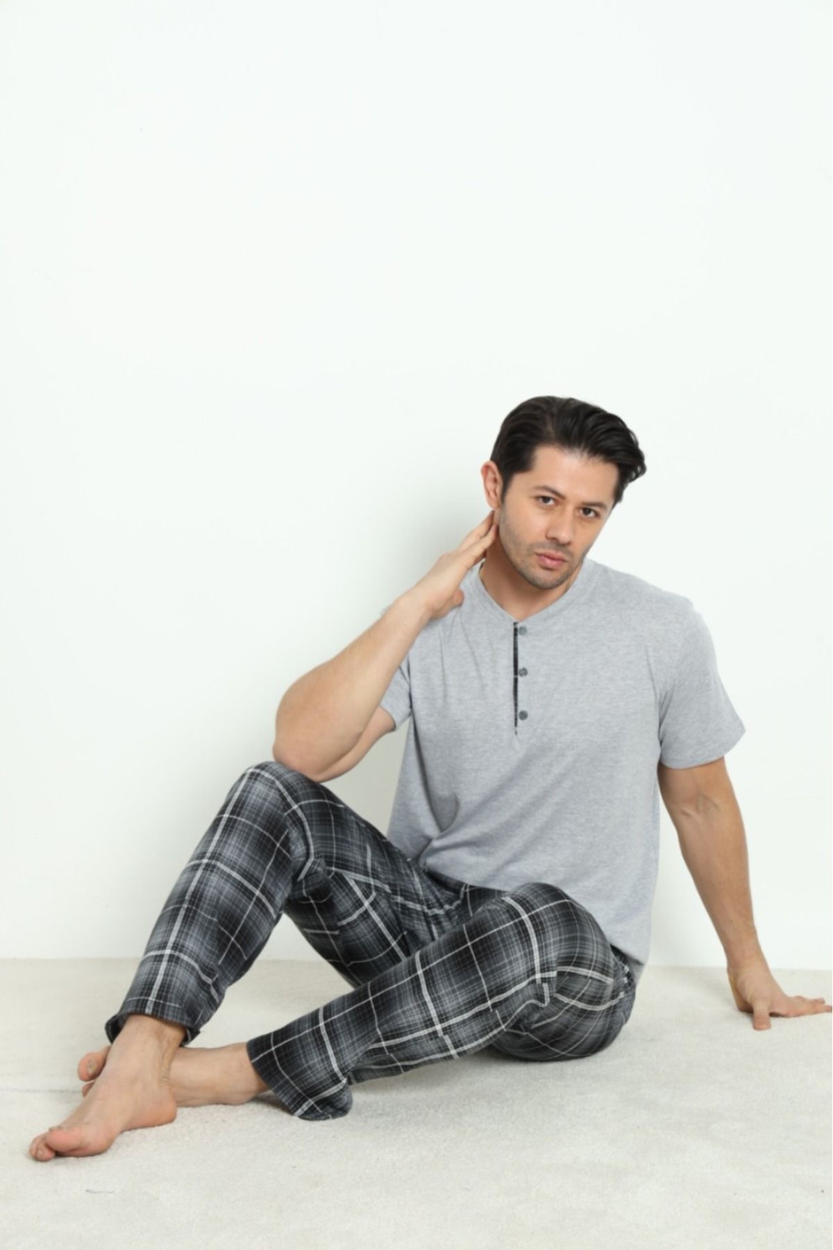 Erkek Sıfır Yaka Düğmeli Kısa Kol Cepli Yazlık Pijama Takımı %100 Pamuk