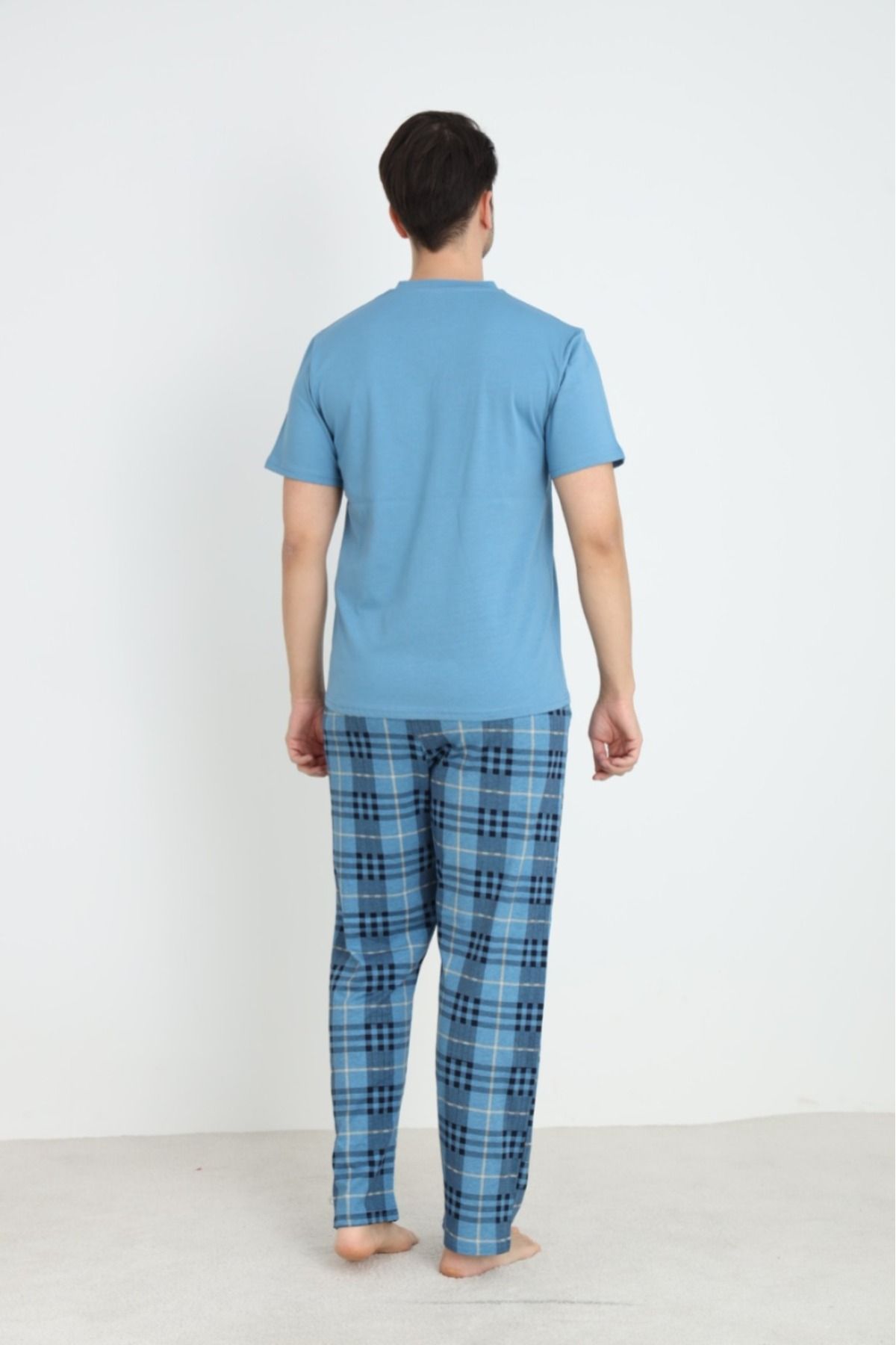 Erkek Sıfır Yaka Düğmeli Kısa Kol Cepli Yazlık Pijama Takımı %100 Pamuk