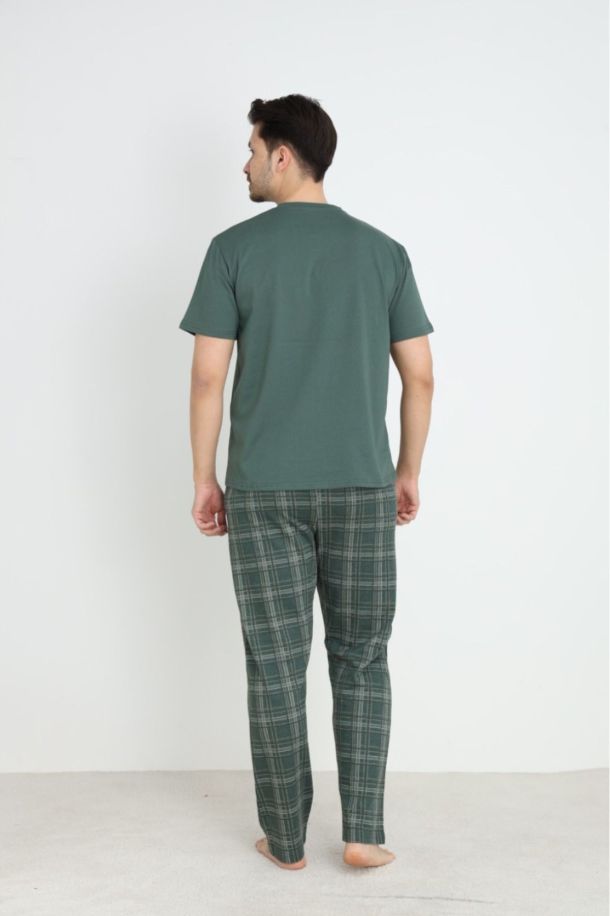Erkek Sıfır Yaka Düğmeli Kısa Kol Cepli Yazlık Pijama Takımı %100 Pamuk