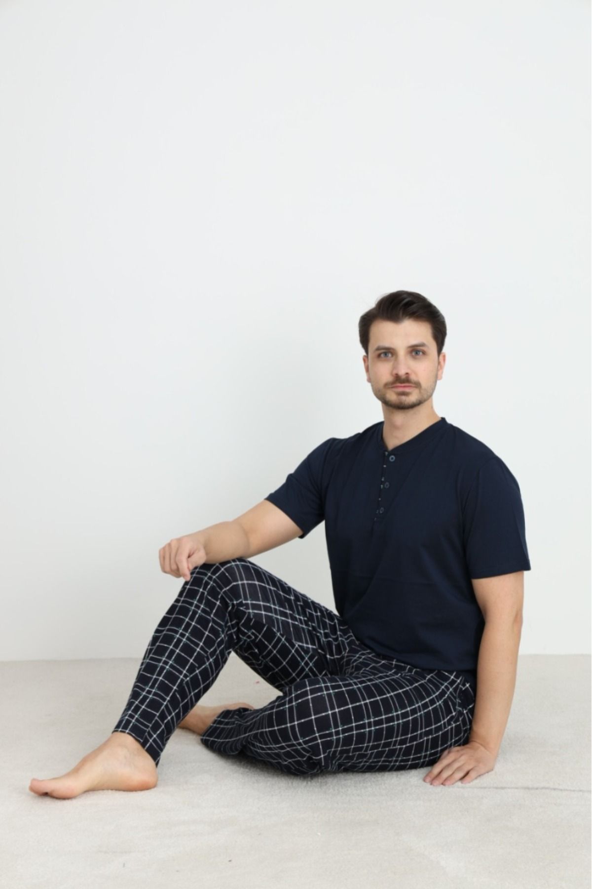 Erkek Sıfır Yaka Düğmeli Kısa Kol Cepli Yazlık Pijama Takımı %100 Pamuk