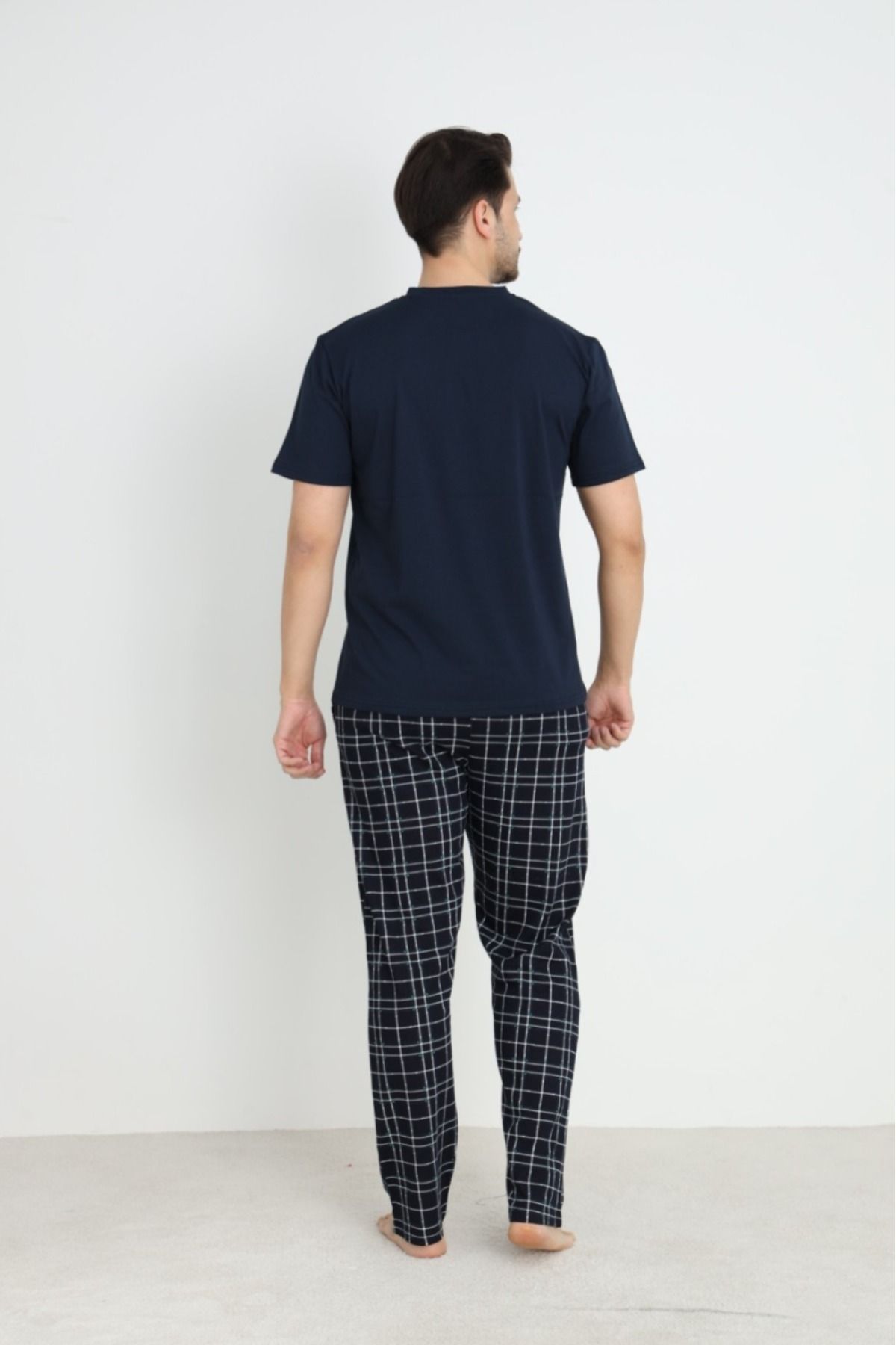 Erkek Sıfır Yaka Düğmeli Kısa Kol Cepli Yazlık Pijama Takımı %100 Pamuk