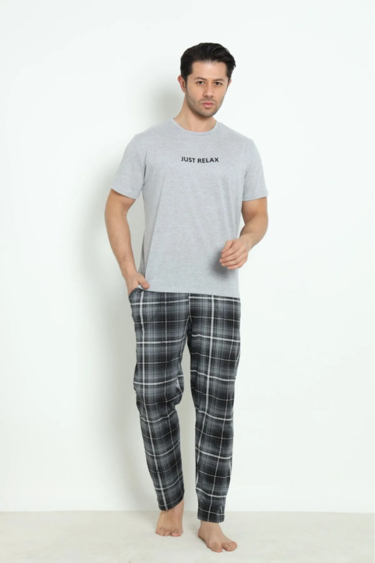 Erkek Sıfır Yaka Kısa Kol Cepli Yazlık Pijama Takımı %100 Pamuk HAKİ-M