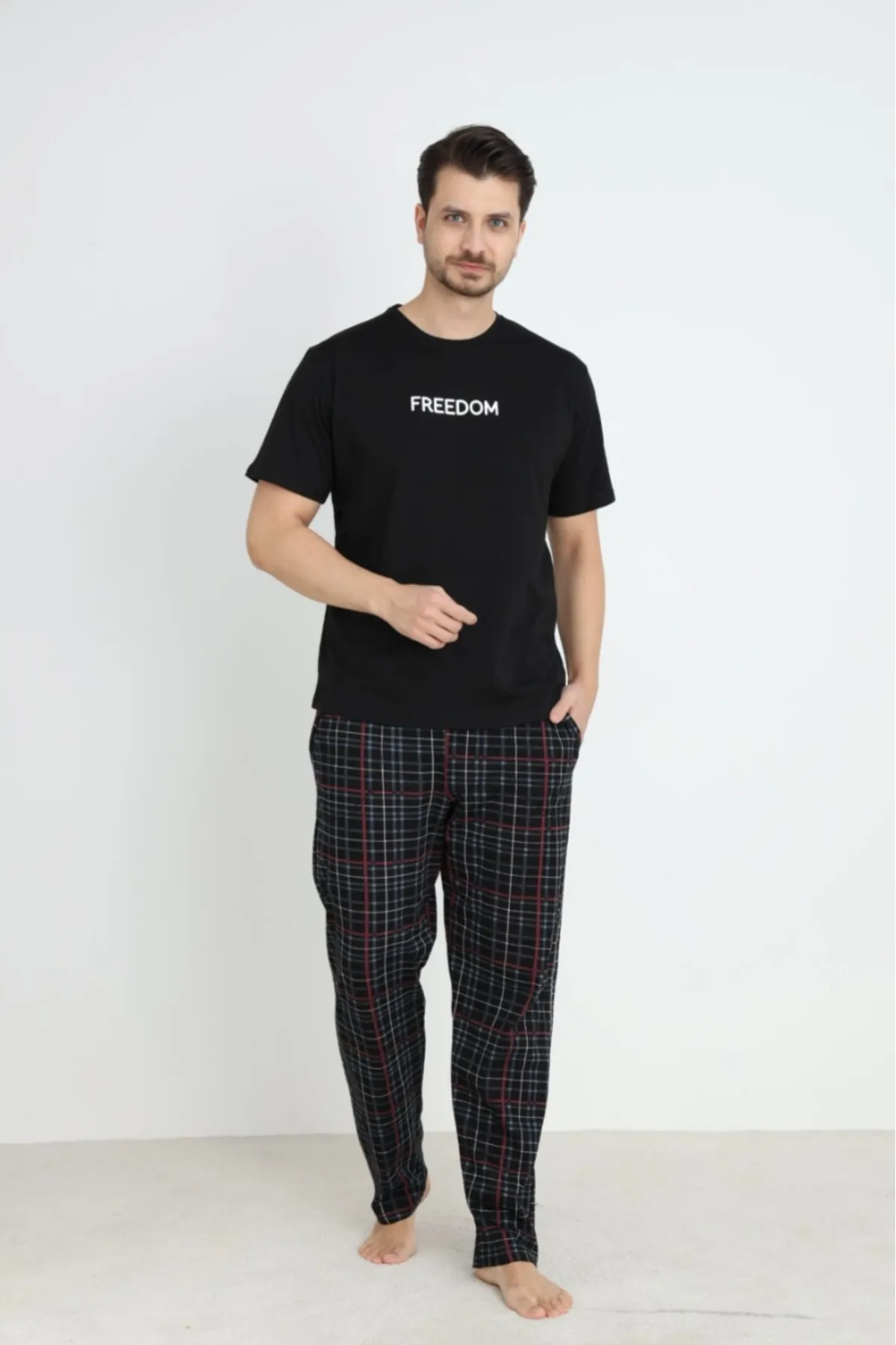 Erkek Sıfır Yaka Kısa Kol Cepli Yazlık Pijama Takımı %100 Pamuk HAKİ-M