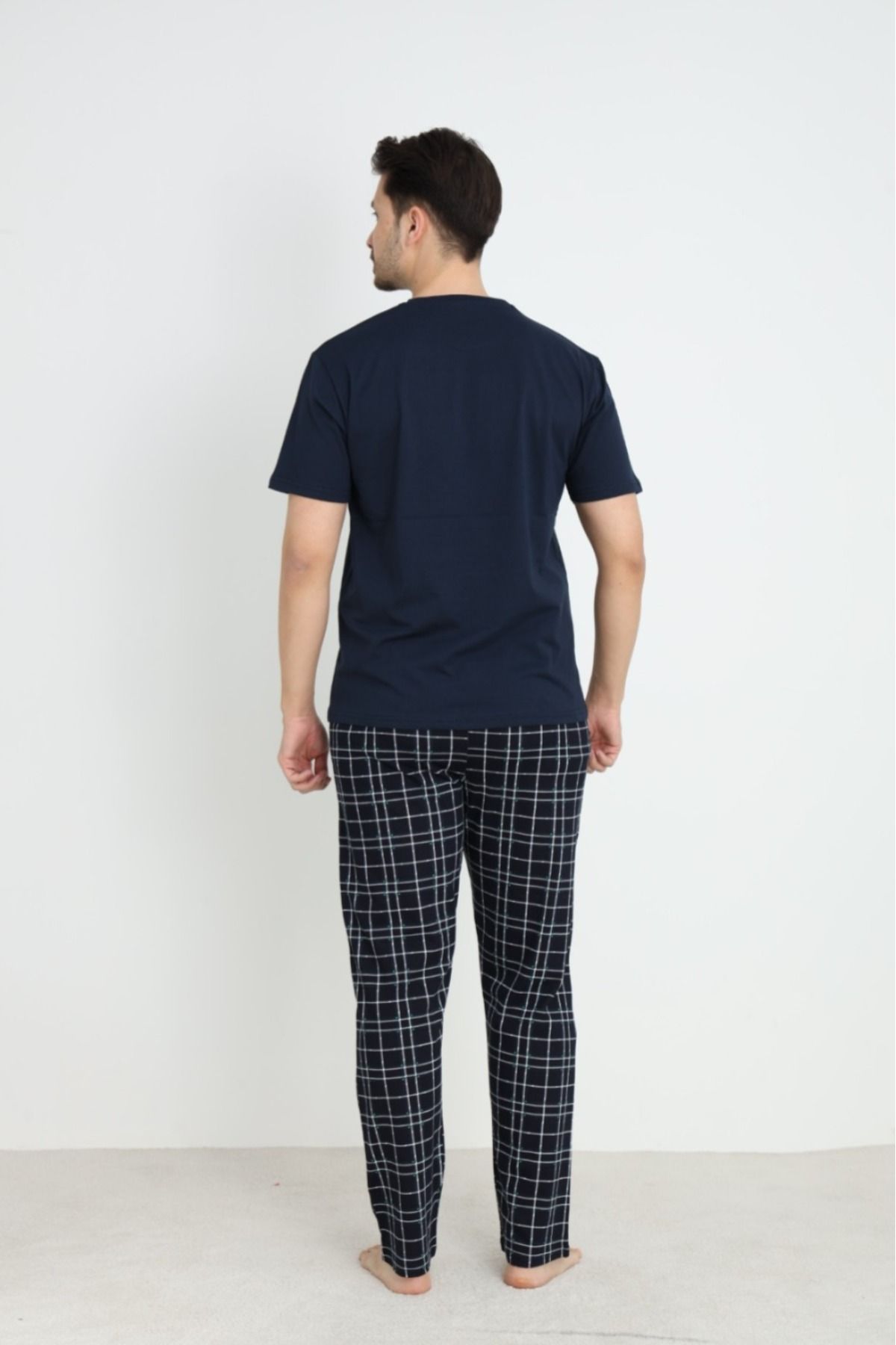 Erkek Sıfır Yaka Kısa Kol Cepli Yazlık Pijama Takımı %100 Pamuk