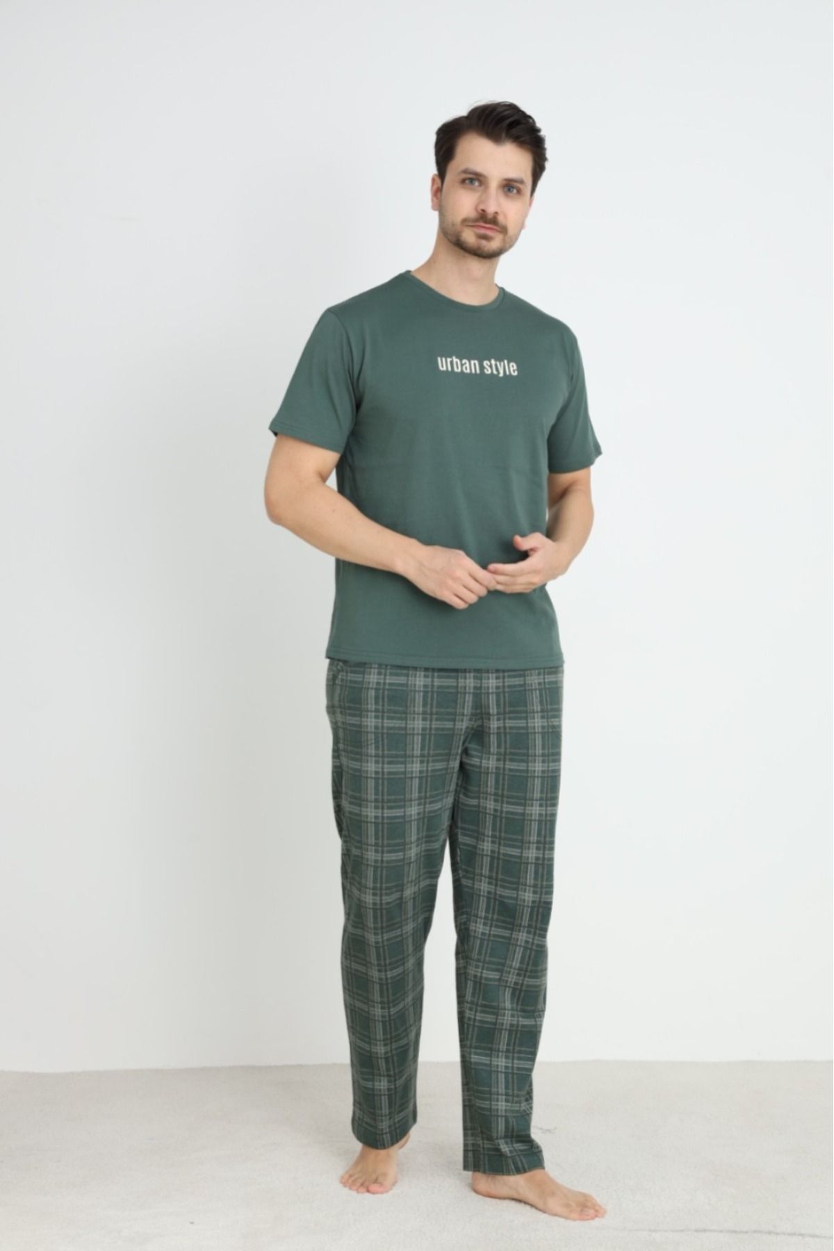Erkek Sıfır Yaka Kısa Kol Cepli Yazlık Pijama Takımı %100 Pamuk