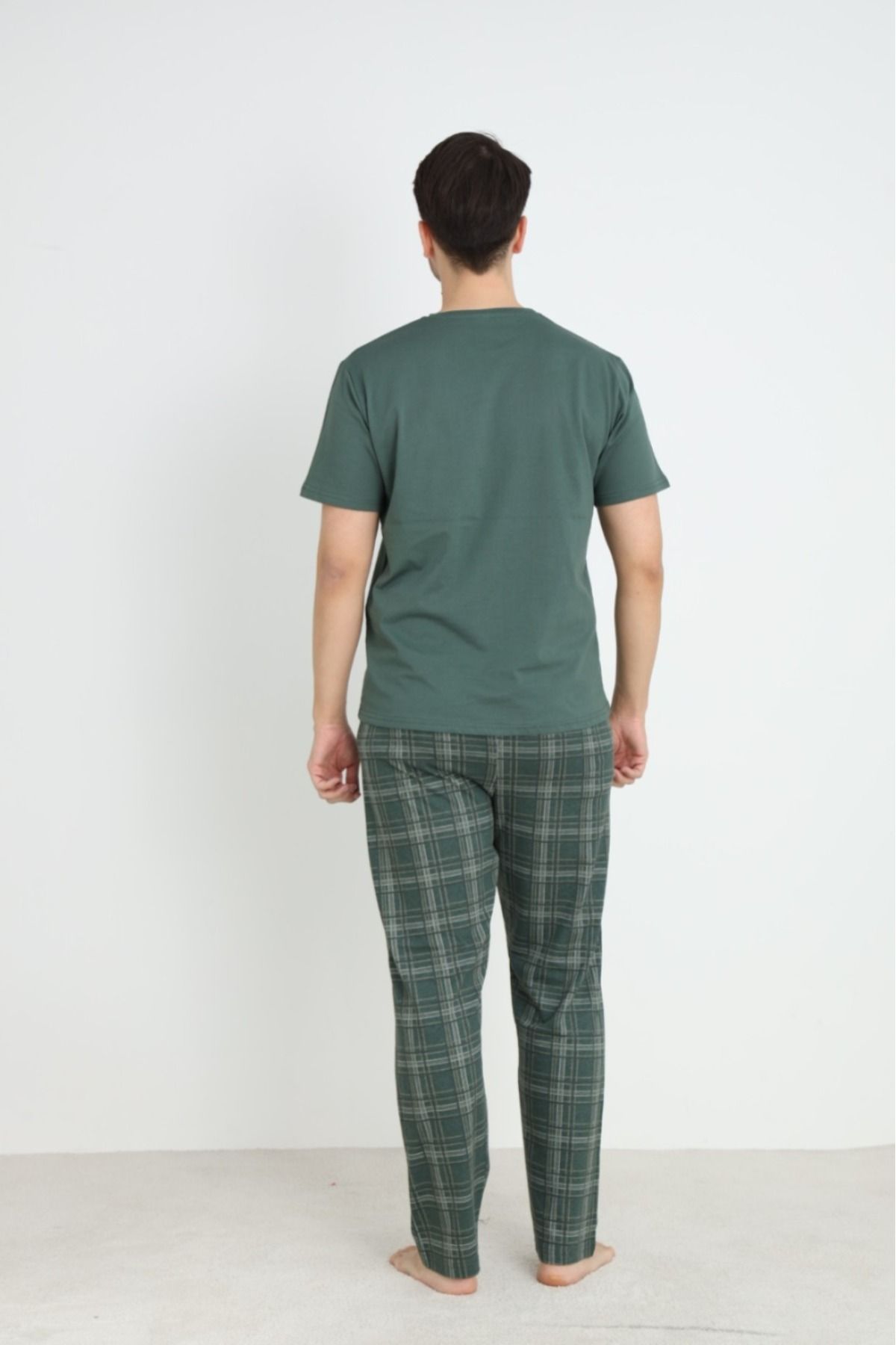 Erkek Sıfır Yaka Kısa Kol Cepli Yazlık Pijama Takımı %100 Pamuk