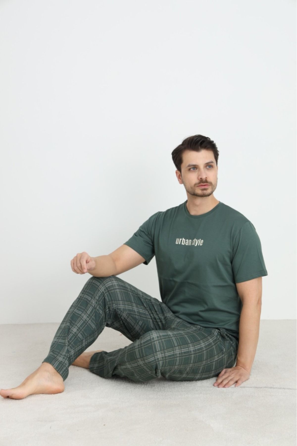 Erkek Sıfır Yaka Kısa Kol Cepli Yazlık Pijama Takımı %100 Pamuk