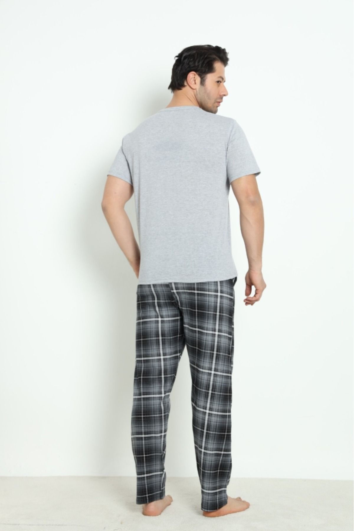 Erkek Sıfır Yaka Kısa Kol Cepli Yazlık Pijama Takımı %100 Pamuk
