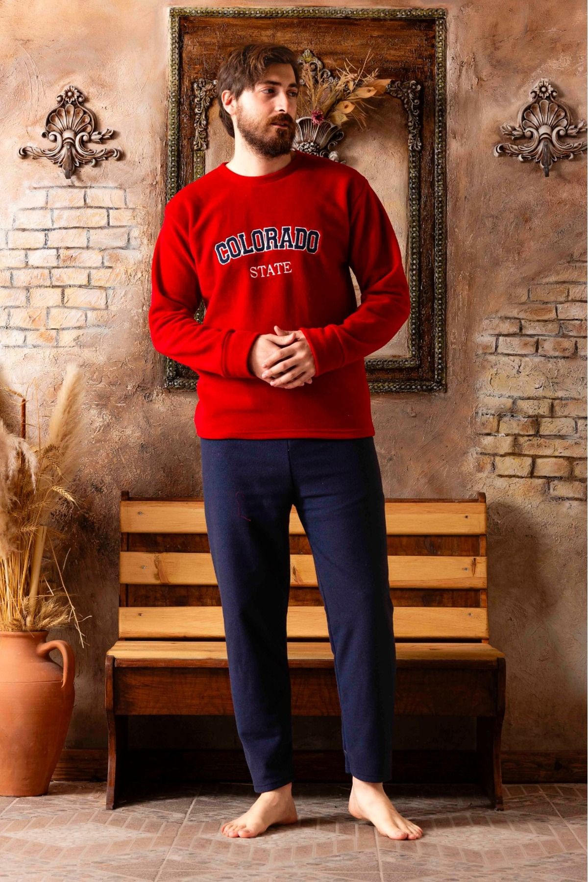 Erkek Sıfır Yaka Polar Pijama Eşofman Takımı SİYAH1-2XL