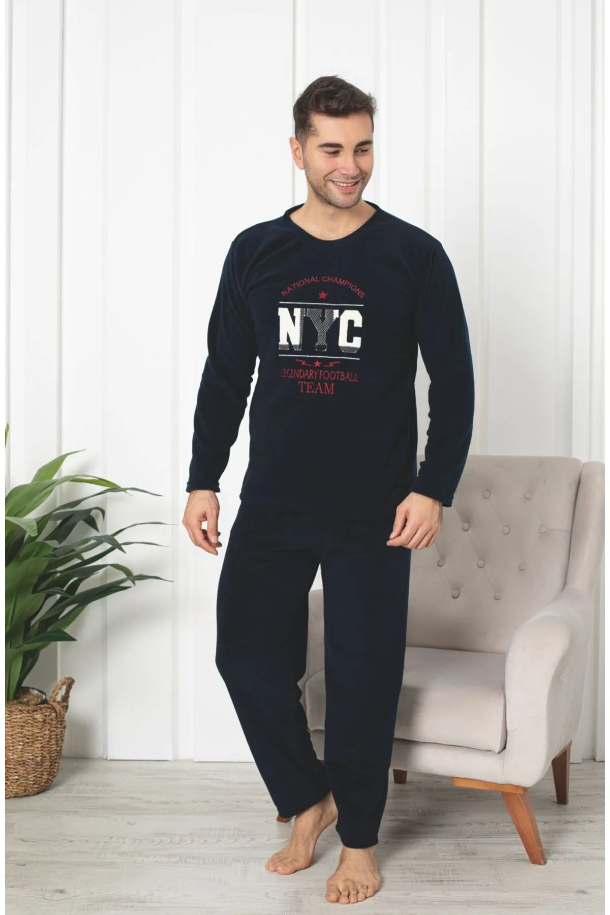 Erkek Sıfır Yaka Polar Pijama Eşofman Takımı SİYAH RENK-L