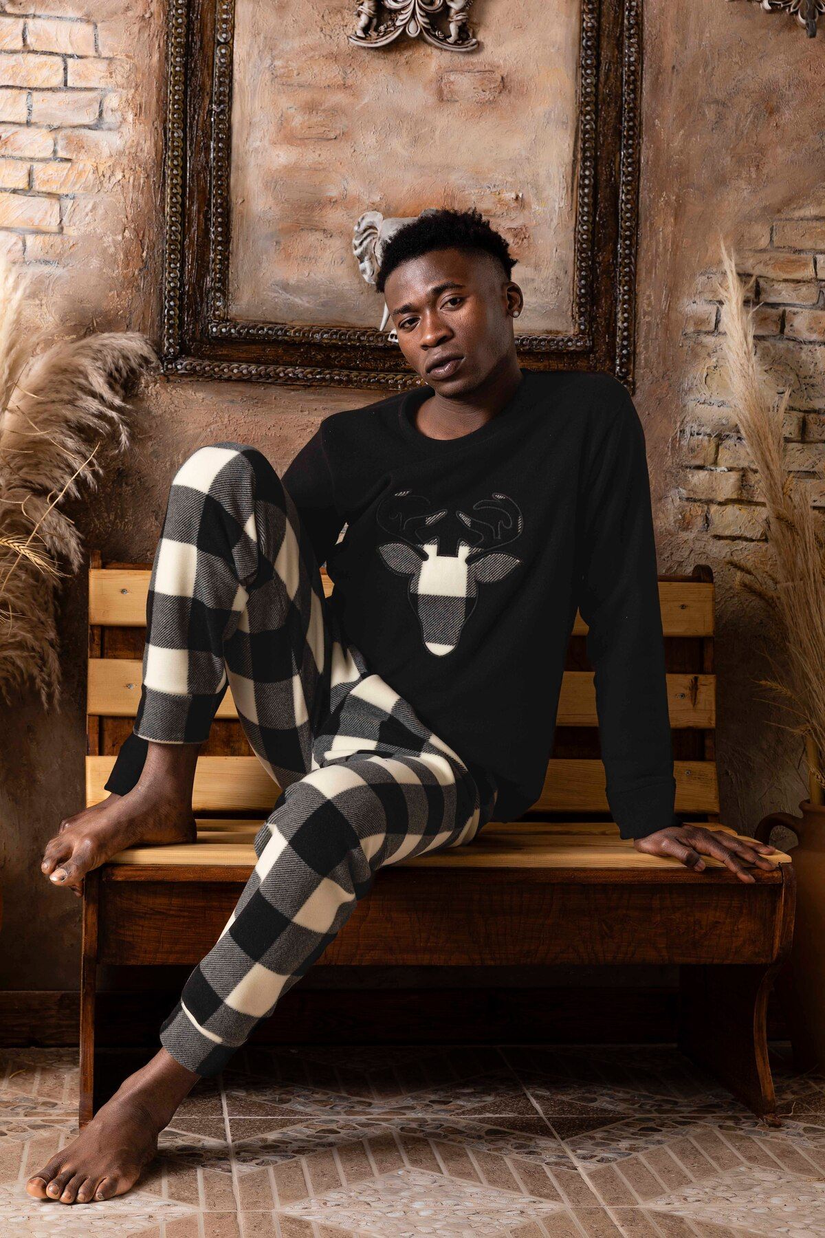 Erkek Sıfır Yaka Polar Pijama Eşofman Takımı SİYAH1-2XL