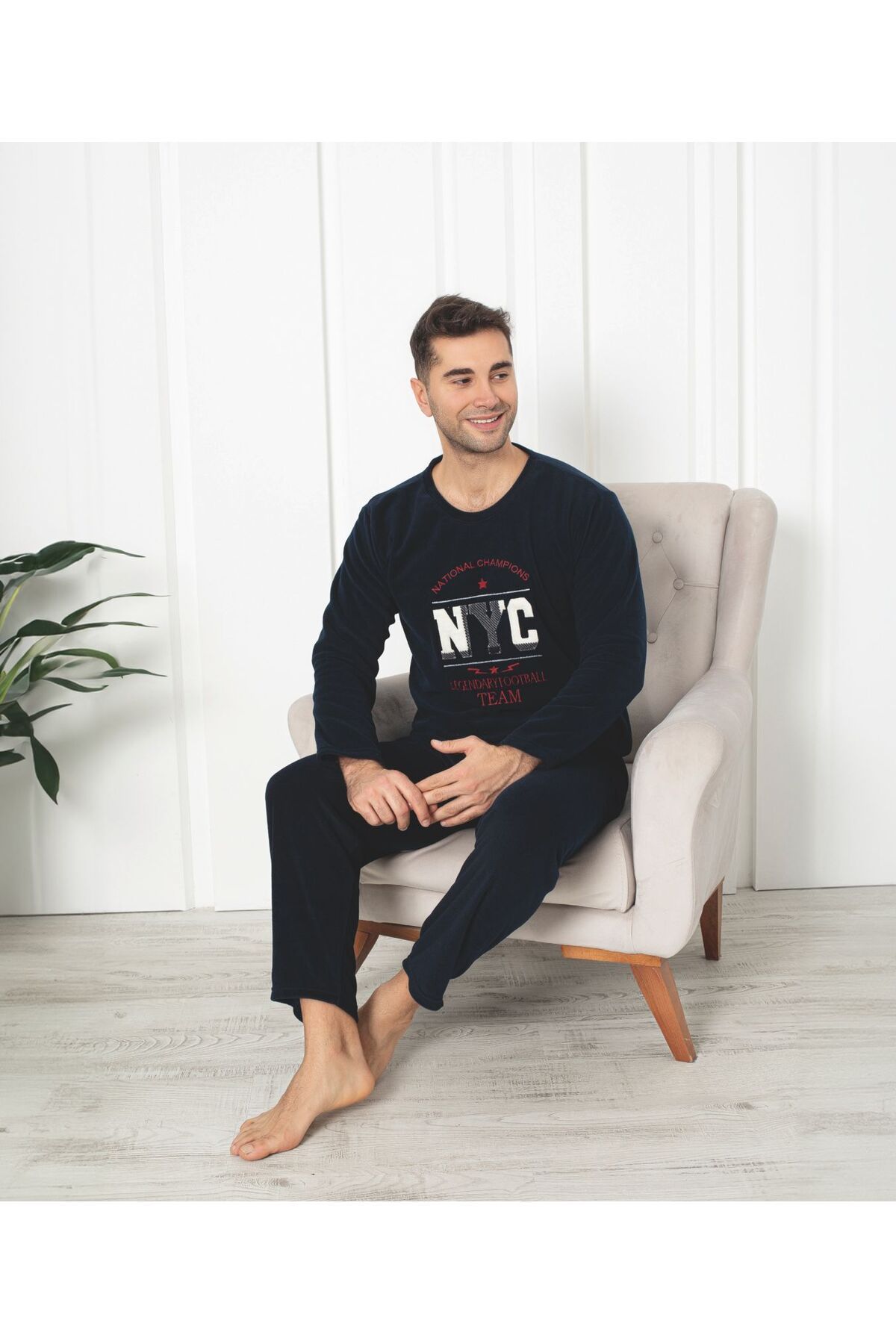 Erkek Sıfır Yaka Polar Pijama Eşofman Takımı