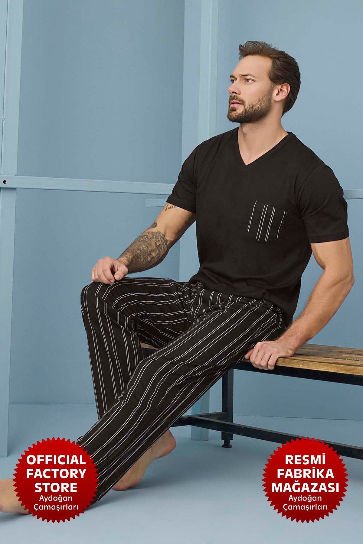 Erkek Siyah Pijama Takımı %100 Pamuklu Süprem V Yaka Kısa Kollu C2-4 - 7961 - Aydogan ®