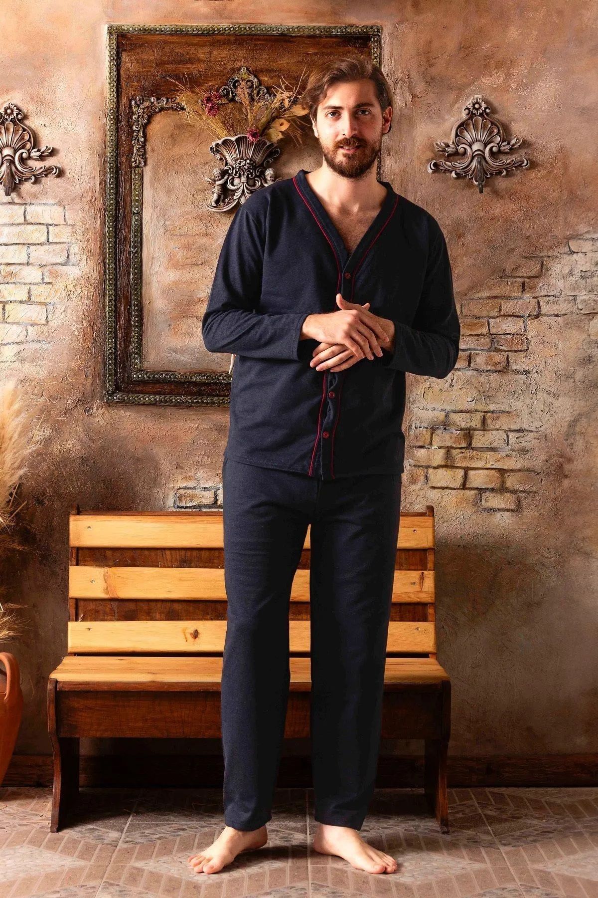 Erkek Uzun Kollu Önden Düğmeli Penye Örme Kumaş Mevsimlik Pijama Takımı