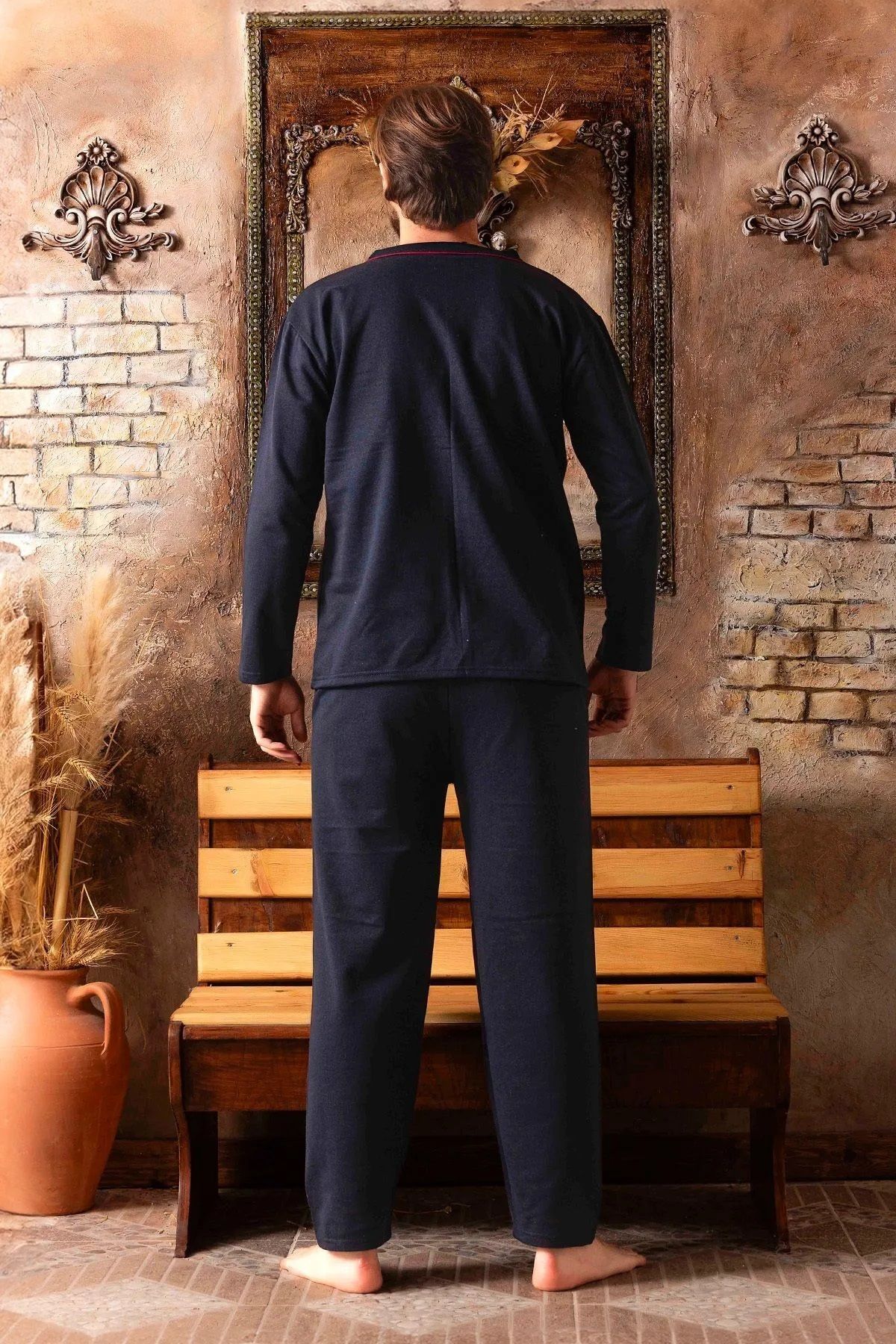 Erkek Uzun Kollu Önden Düğmeli Penye Örme Kumaş Mevsimlik Pijama Takımı