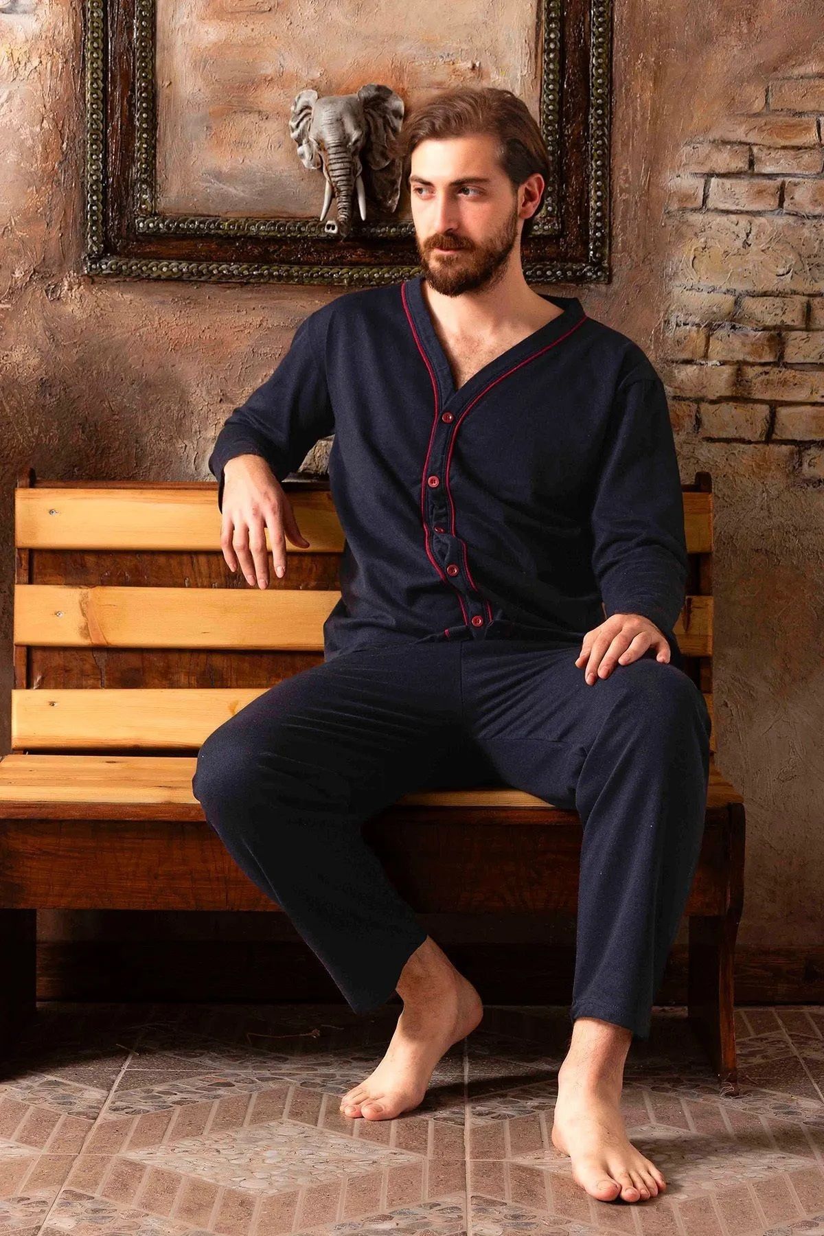 Erkek Uzun Kollu Önden Düğmeli Penye Örme Kumaş Mevsimlik Pijama Takımı