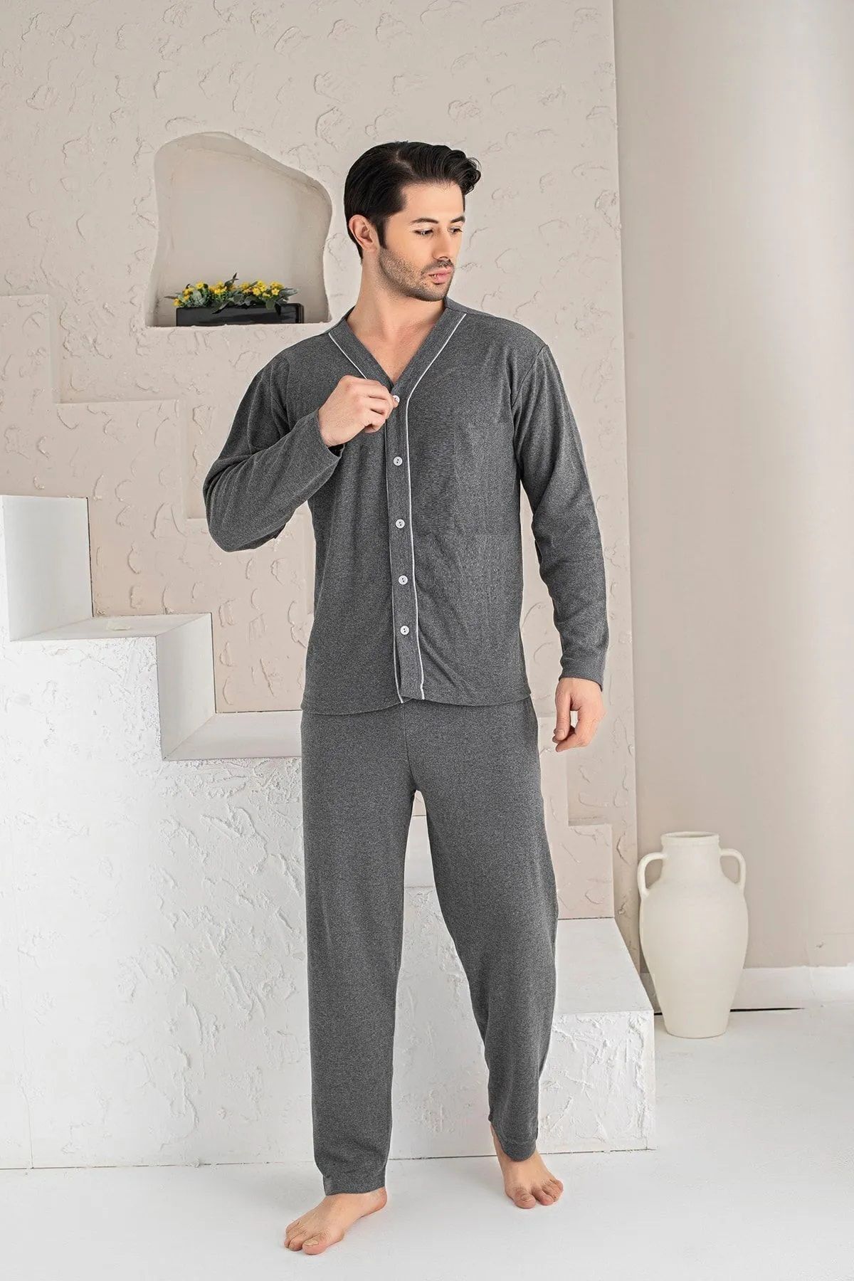 Erkek Uzun Kollu Önden Düğmeli Penye Örme Kumaş Mevsimlik Pijama Takımı