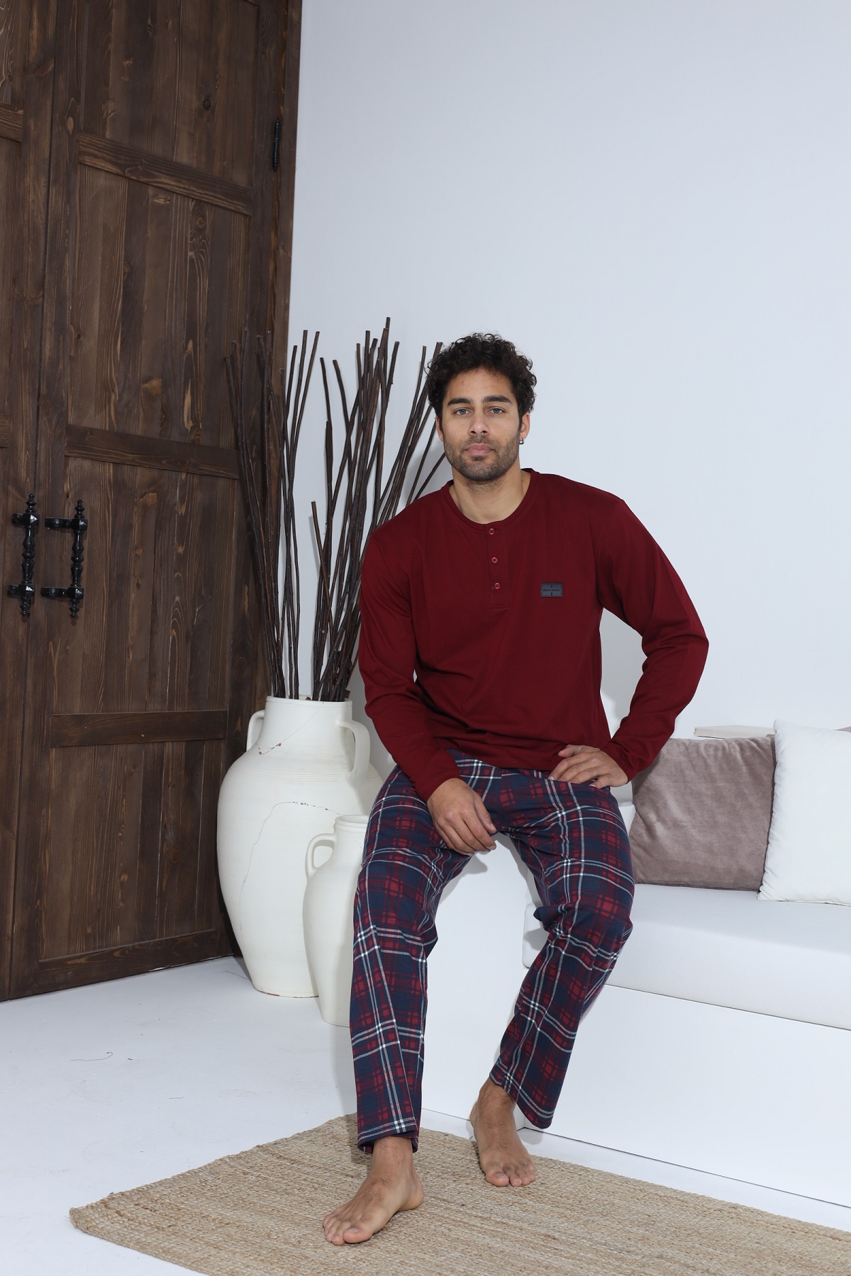 Erkek Uzun Kollu Penye Süprem Pijama Takımı Bordo BORDO-L