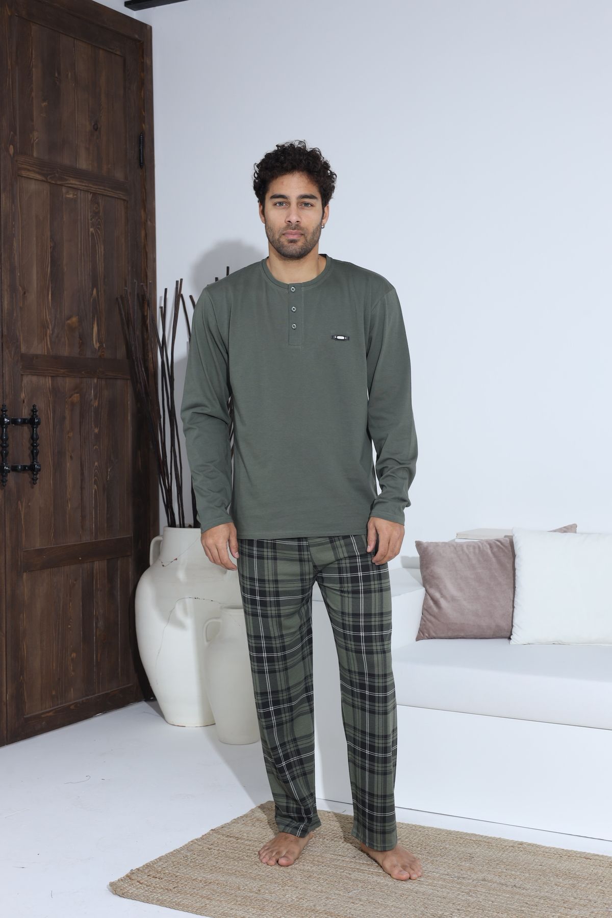 Erkek Uzun Kollu Penye Süprem Pijama Takımı Haki Ekose HAKİ-M