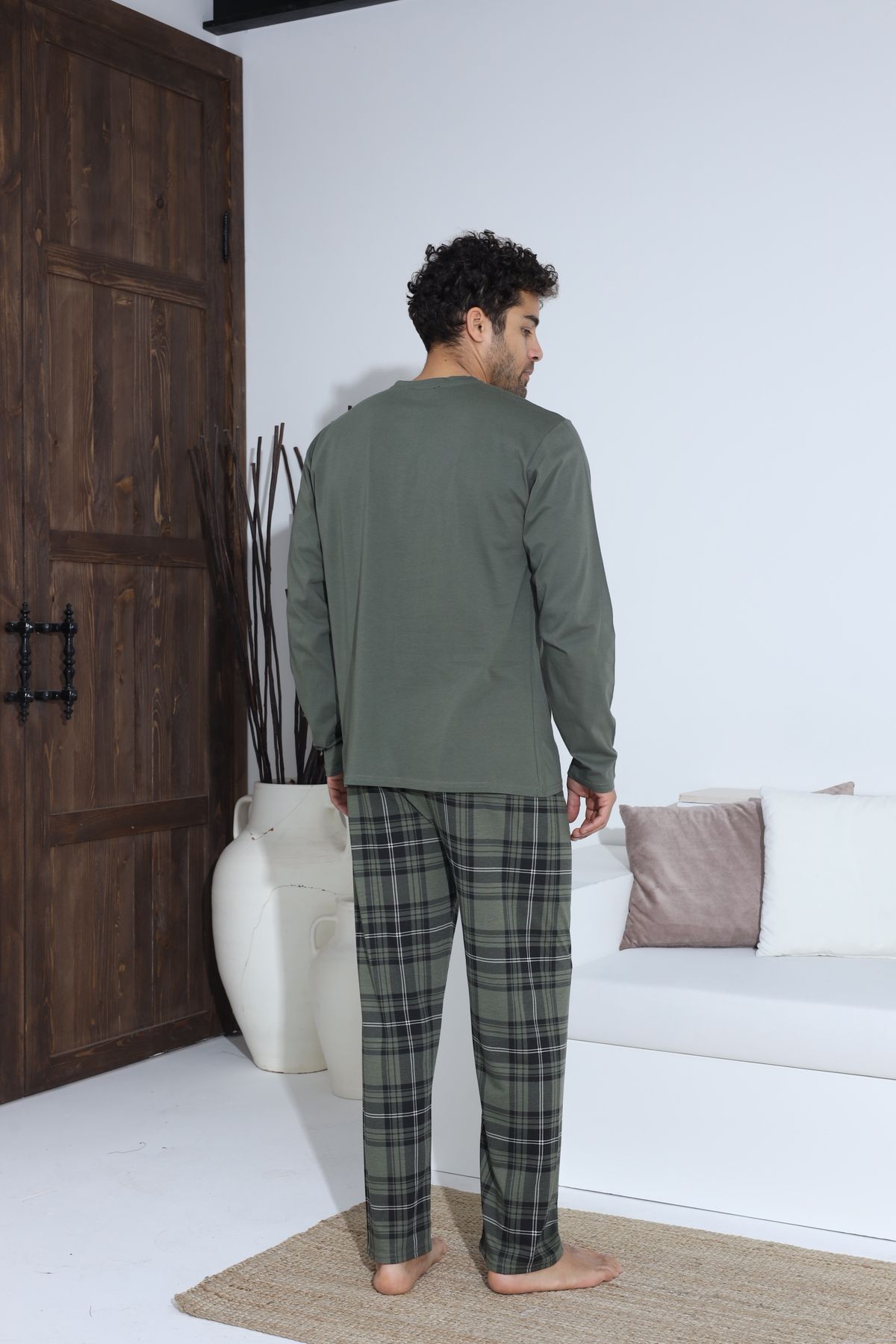 Erkek Uzun Kollu Penye Süprem Pijama Takımı Haki Ekose HAKİ-M