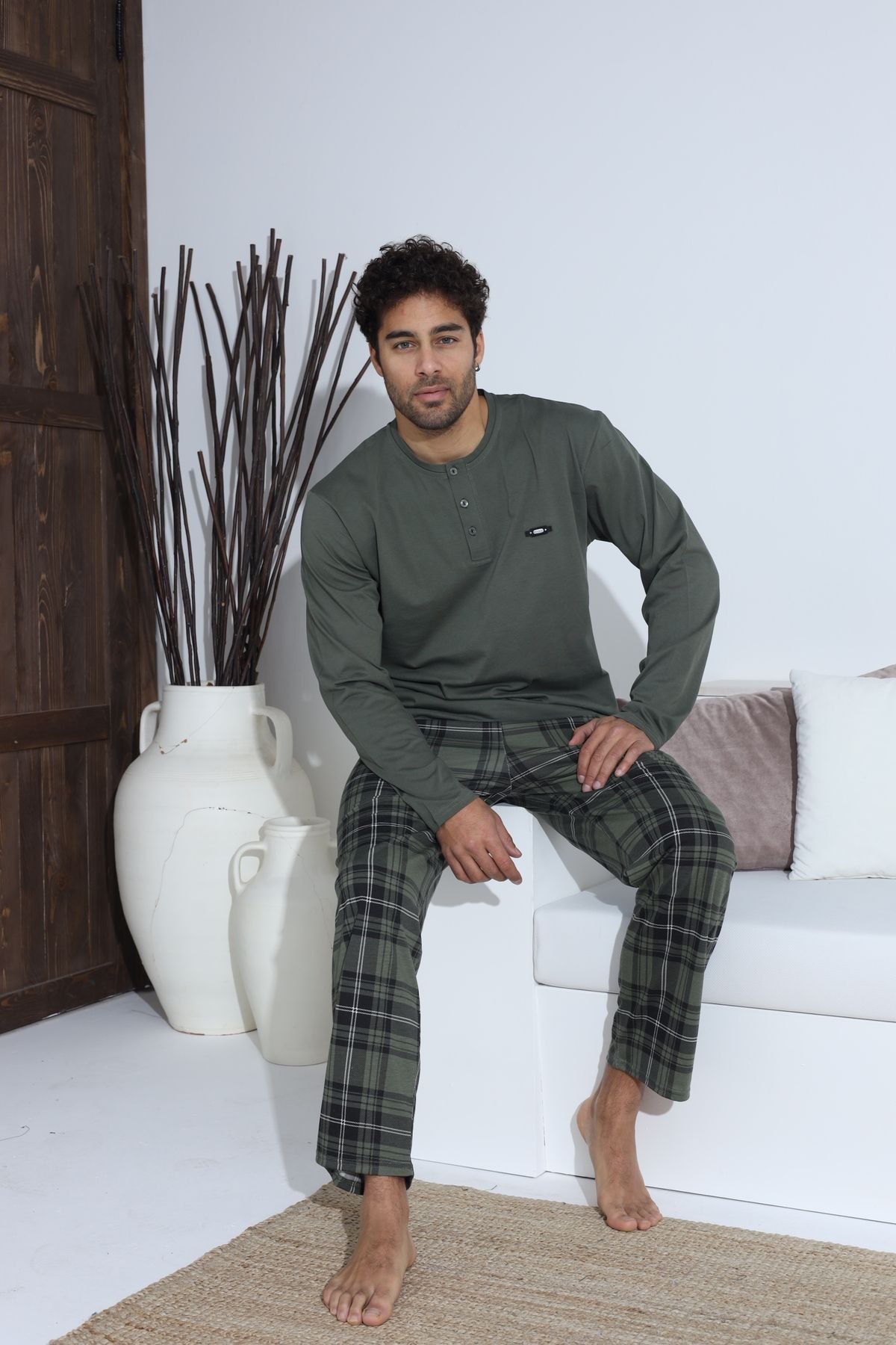 Erkek Uzun Kollu Penye Süprem Pijama Takımı Haki Ekose HAKİ-M