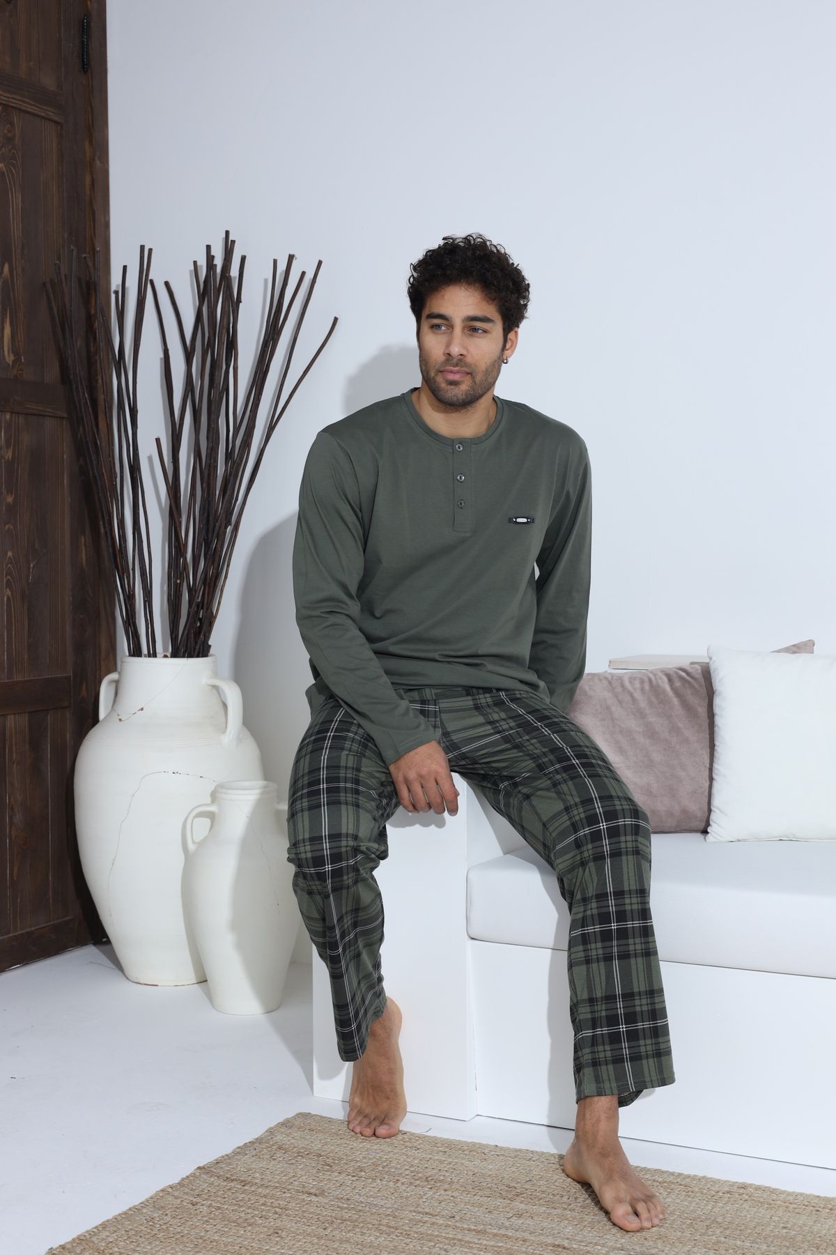 Erkek Uzun Kollu Penye Süprem Pijama Takımı Haki Ekose HAKİ-M