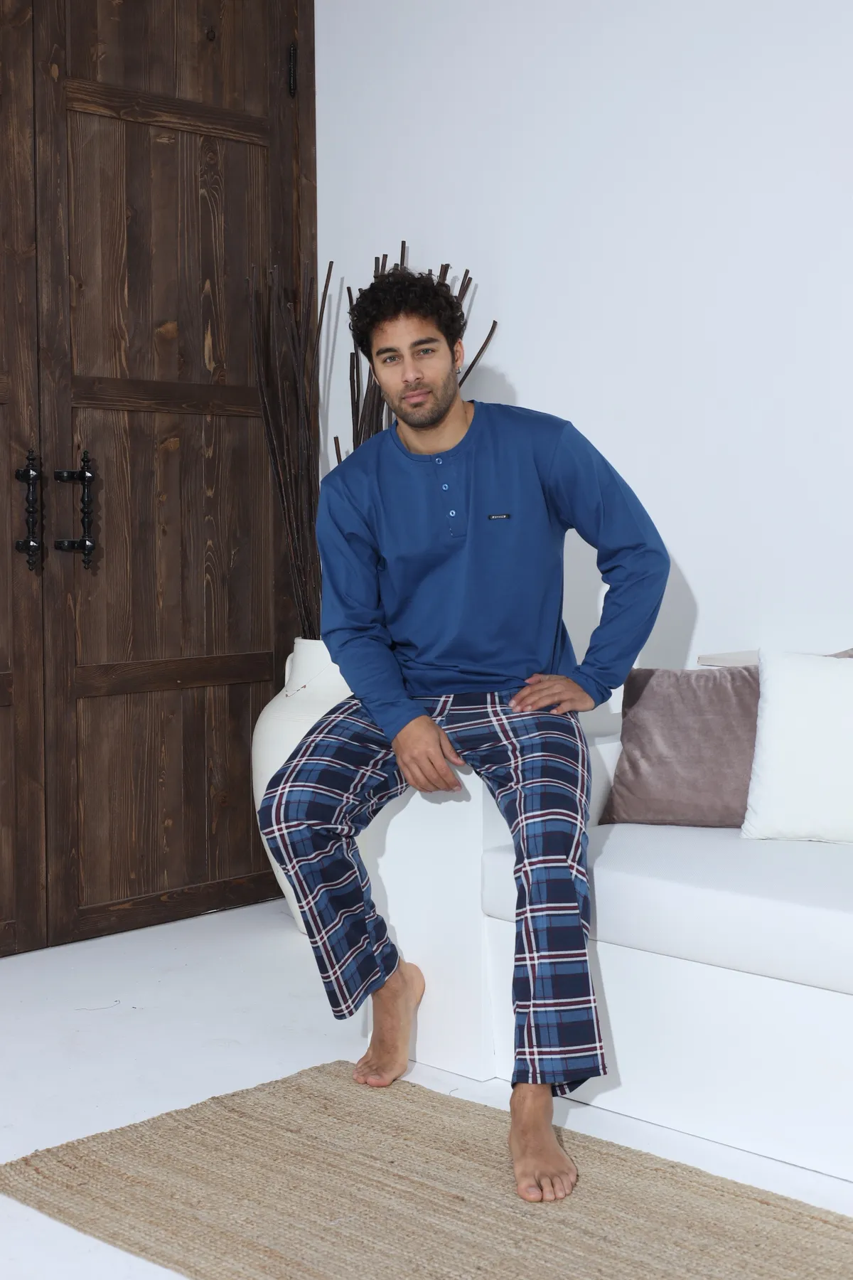 Erkek Uzun Kollu Penye Süprem Pijama Takımı İndigo Mavi İNDİGO-XL