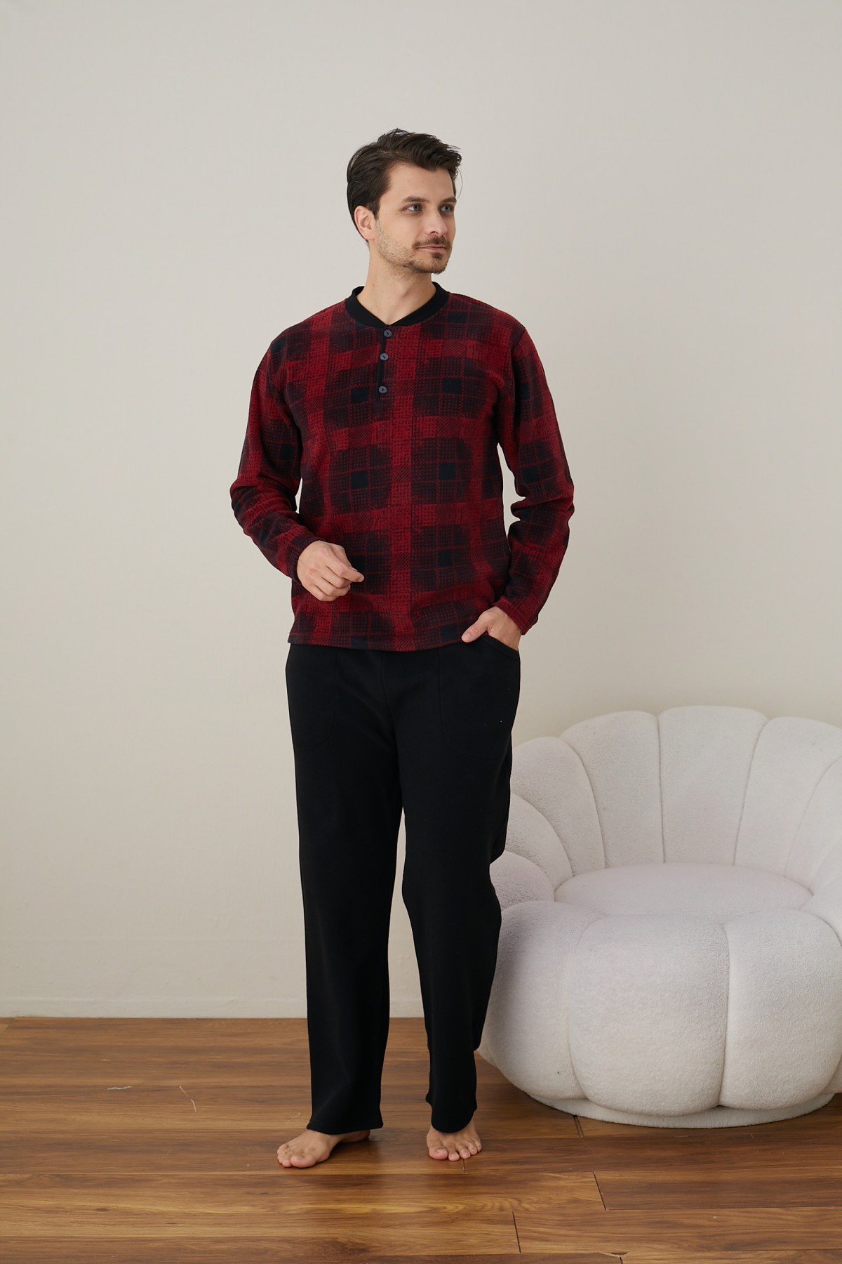 Erkek Uzun Kollu Polar Kışlık Sıcak Tutan Pijama Takımı YENİ SEZON SİYAH-2XL