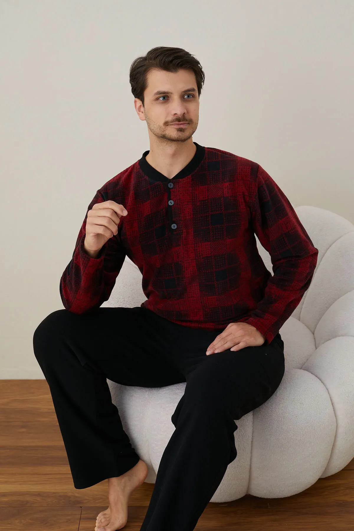 Erkek Uzun Kollu Polar Kışlık Sıcak Tutan Pijama Takımı