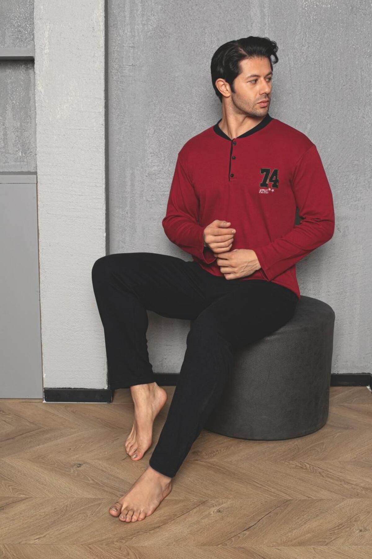 Erkek Yakası Düğmeli İnterlok Pijama Takımı YENİ SEZON BORDO-SİYAH-2XL