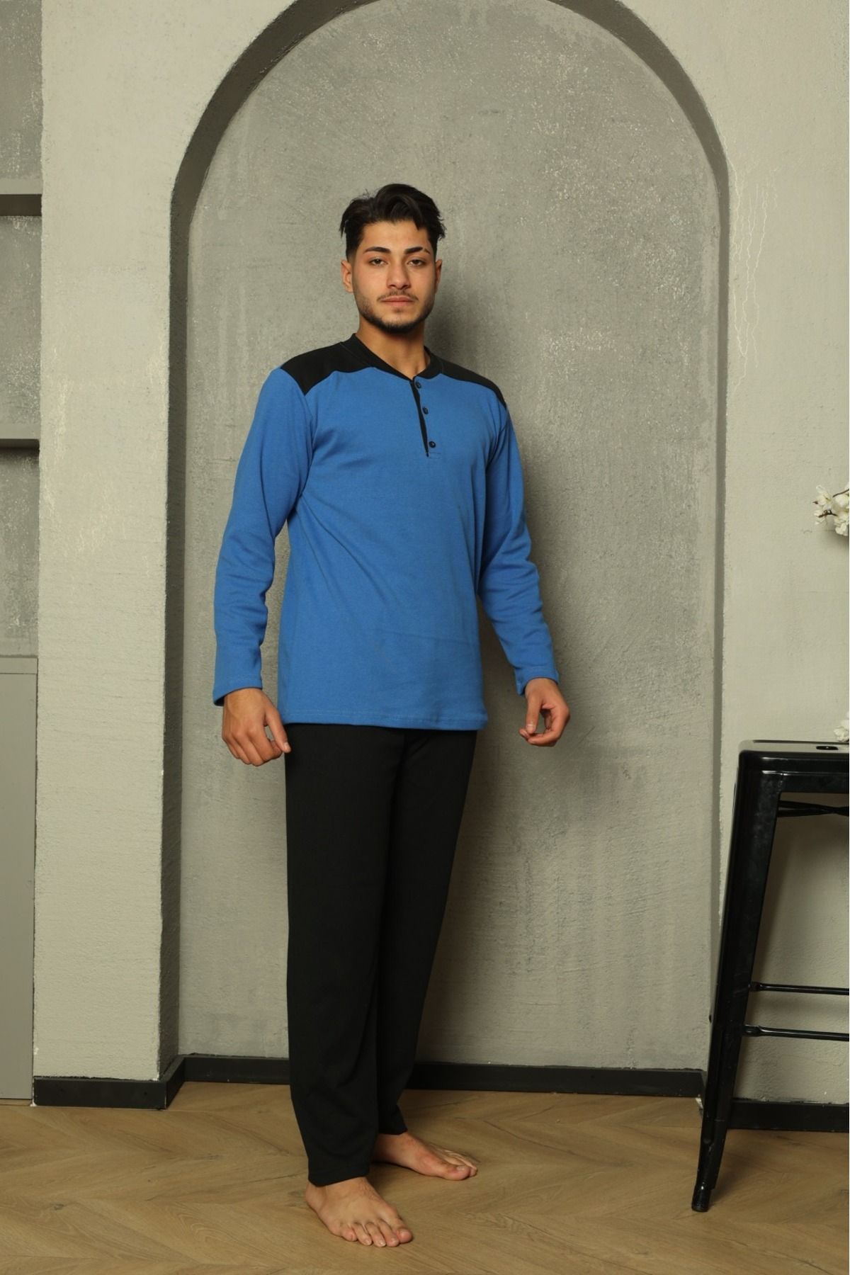 Erkek Yakası Düğmeli İnterlok Pijama Takımı YENİ SEZON